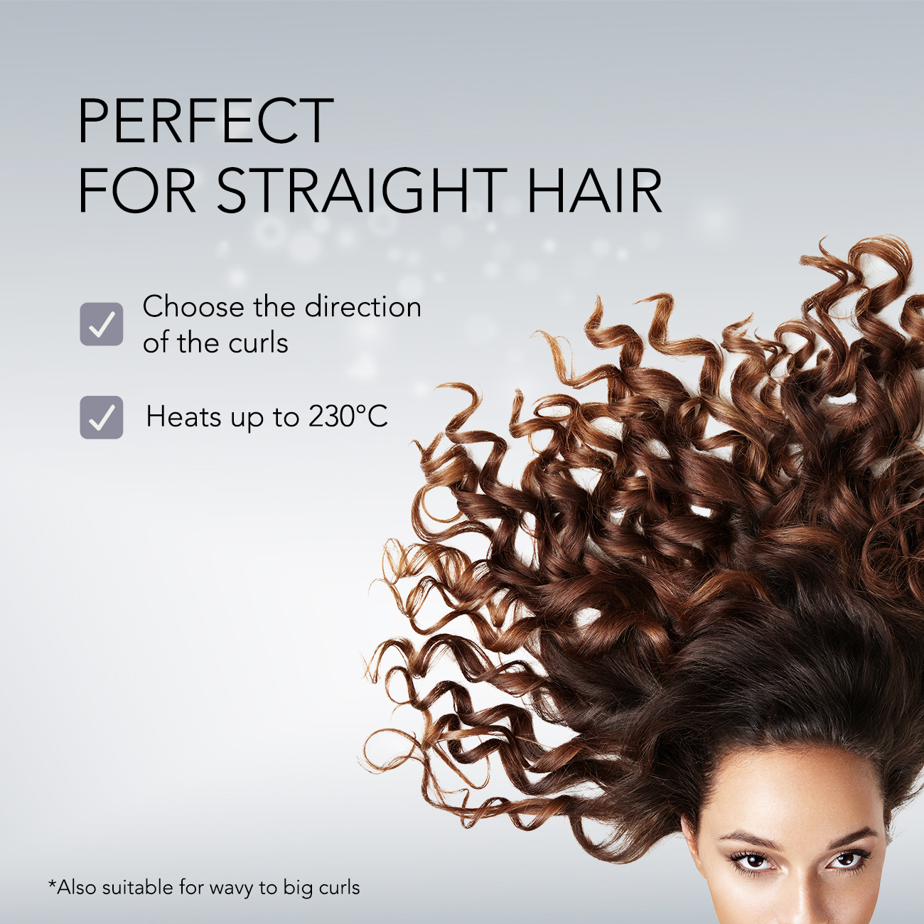 Haare einer Frau mit Locken, Text 'PERFECT FOR STRAIGHT HAIR', Häkchen und Text, auf hellem Hintergrund.