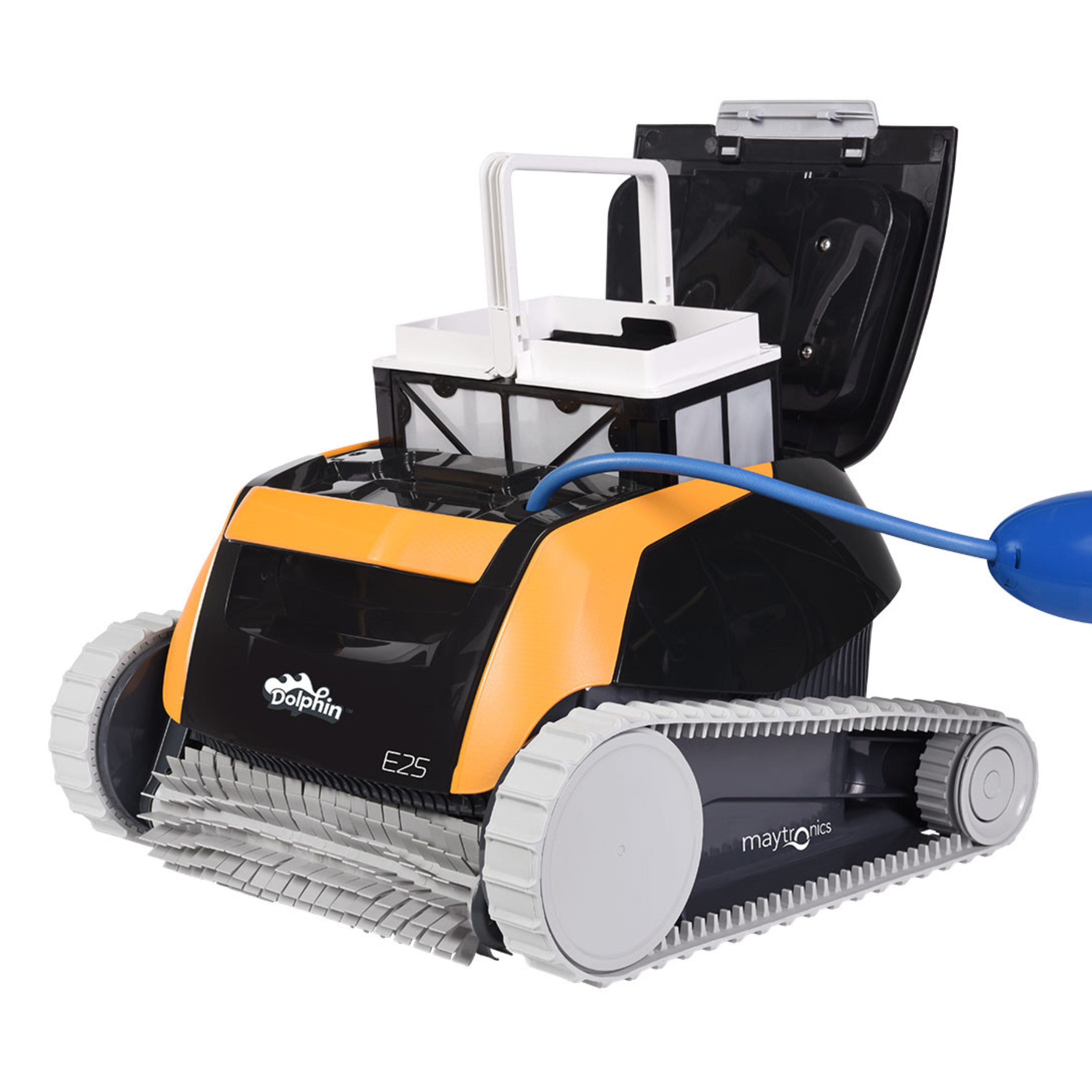 Orange-schwarzer Poolreinigungsroboter mit Ketten und offenem Deckel.