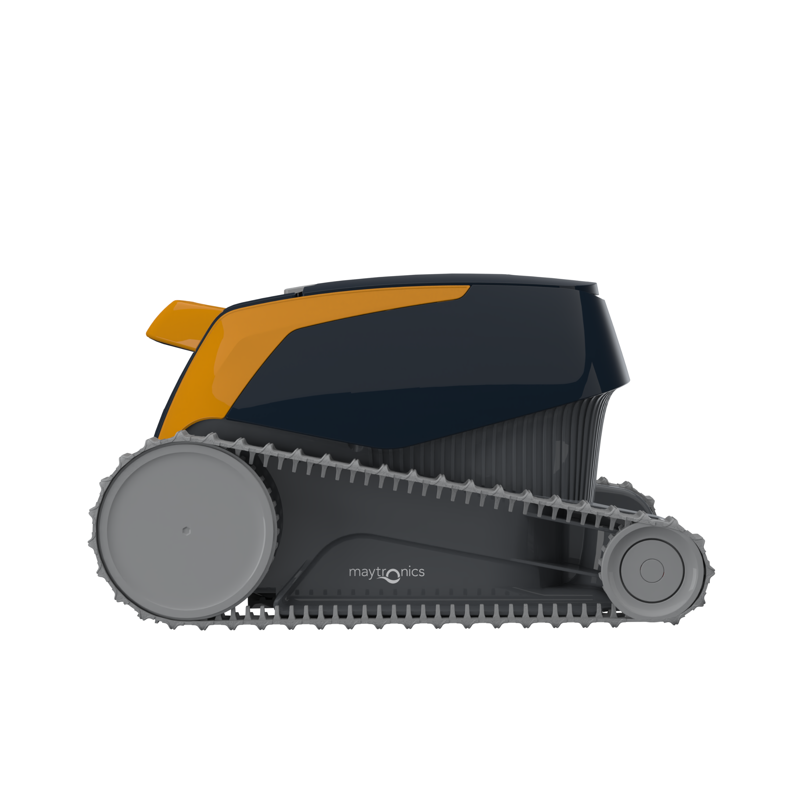 Ein Roboter-Poolreiniger, schwarz und orange mit grauen Ketten.