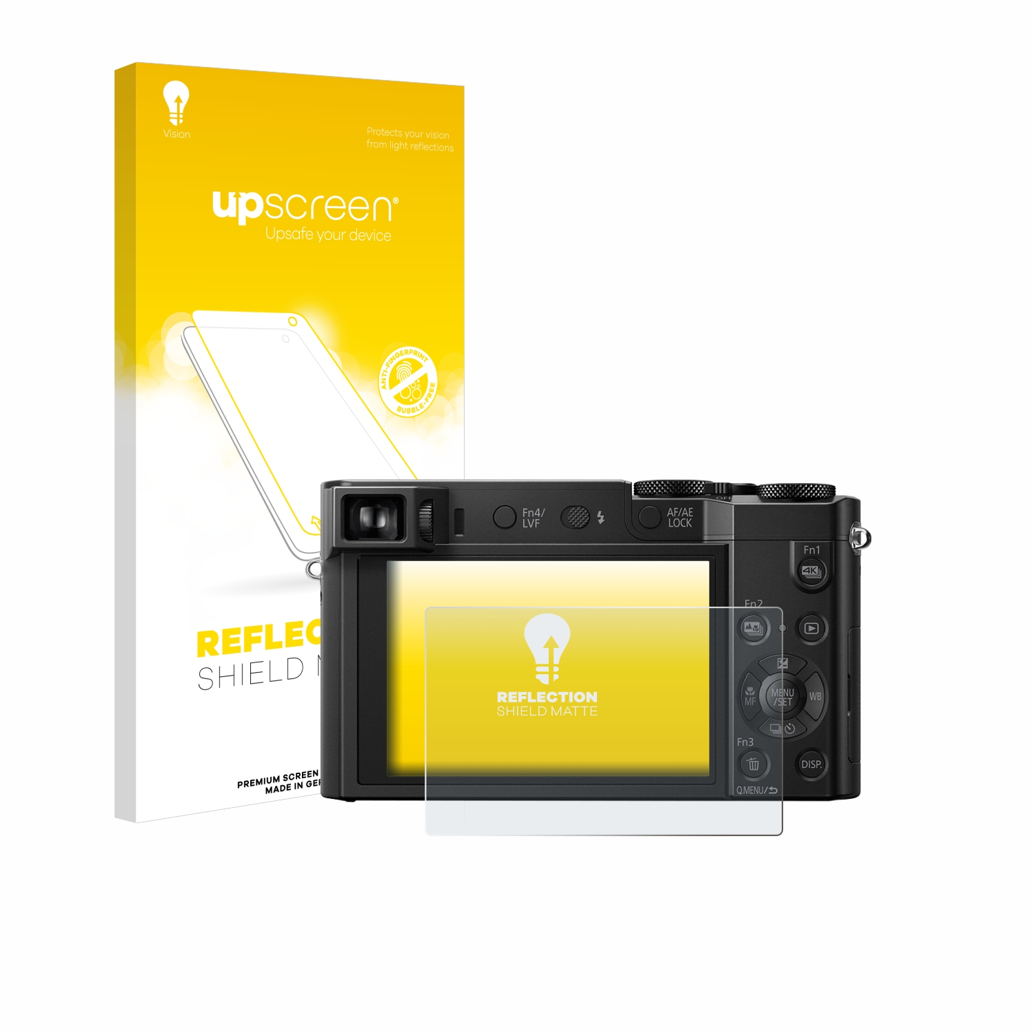 Kamera mit Displayschutz und Box. Auf der Box steht 'up screen' und 'reflection shield'.