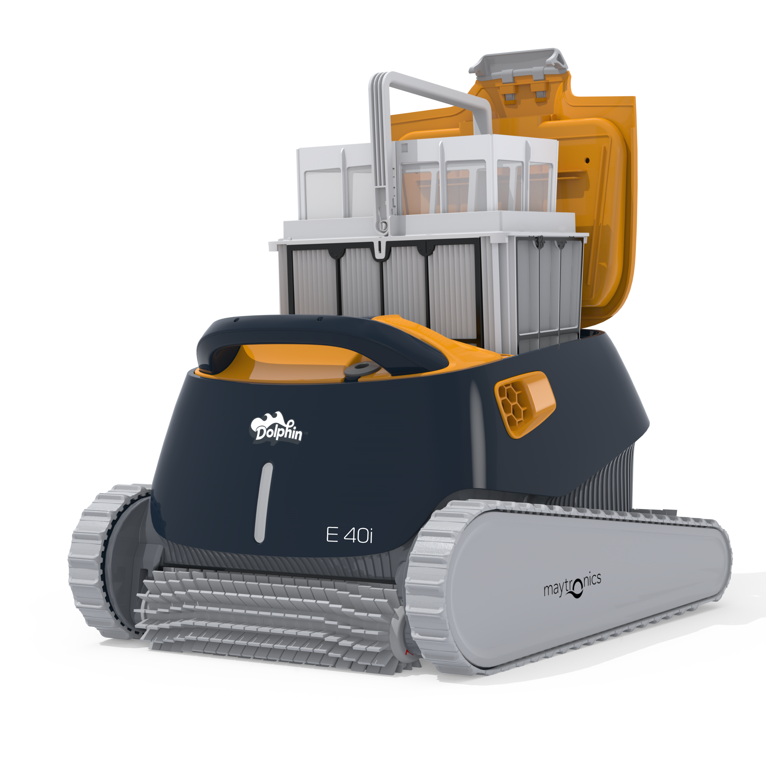 Ein Roboter-Poolreiniger in Schwarz und Gelb, mit weißen Filtern, auf weißem Hintergrund.