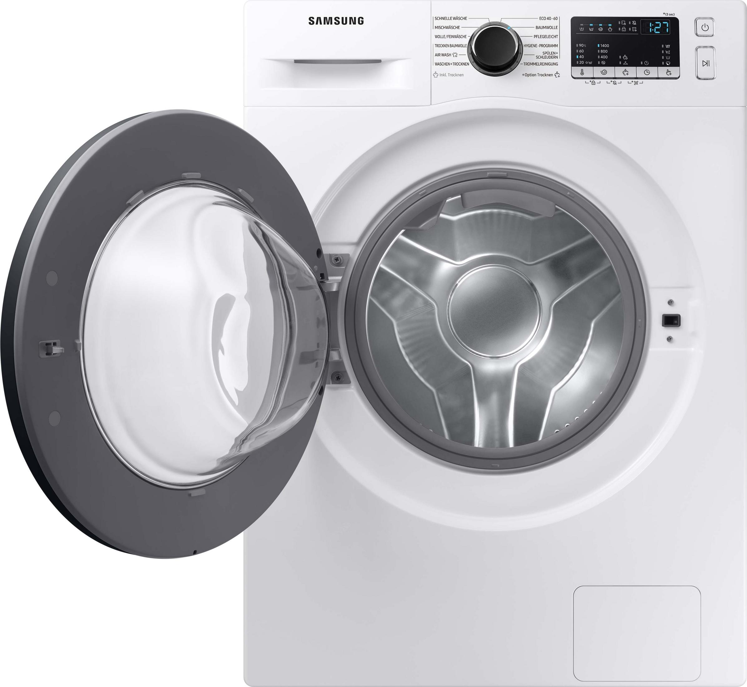 Weiße Waschmaschine mit offener Tür. Grauer Rahmen um die Tür. Weißer Hintergrund.