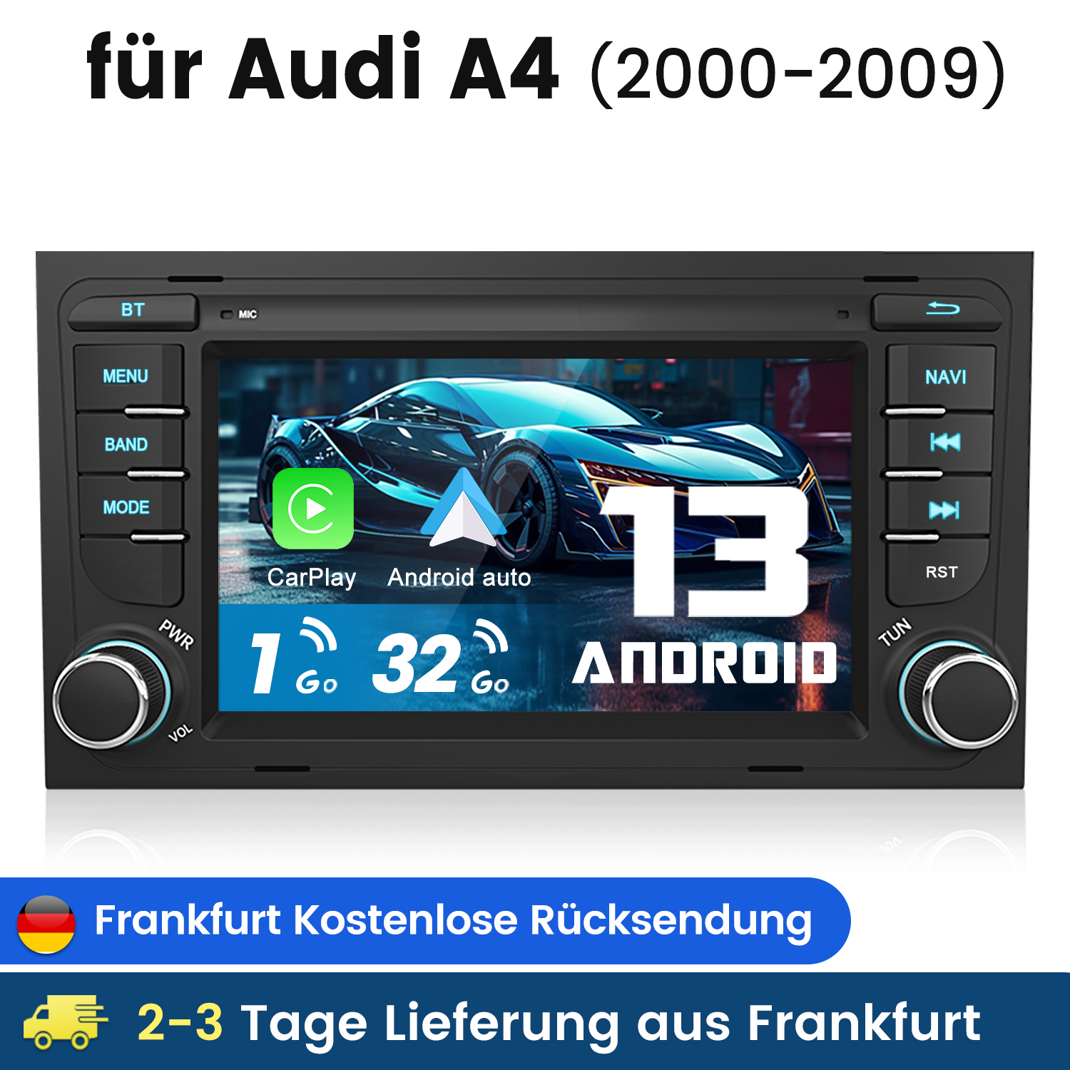 Autoradio für Audi A4. Bildschirm zeigt Auto und Android Auto/CarPlay. Frankfurt-Rückgabeangebot.