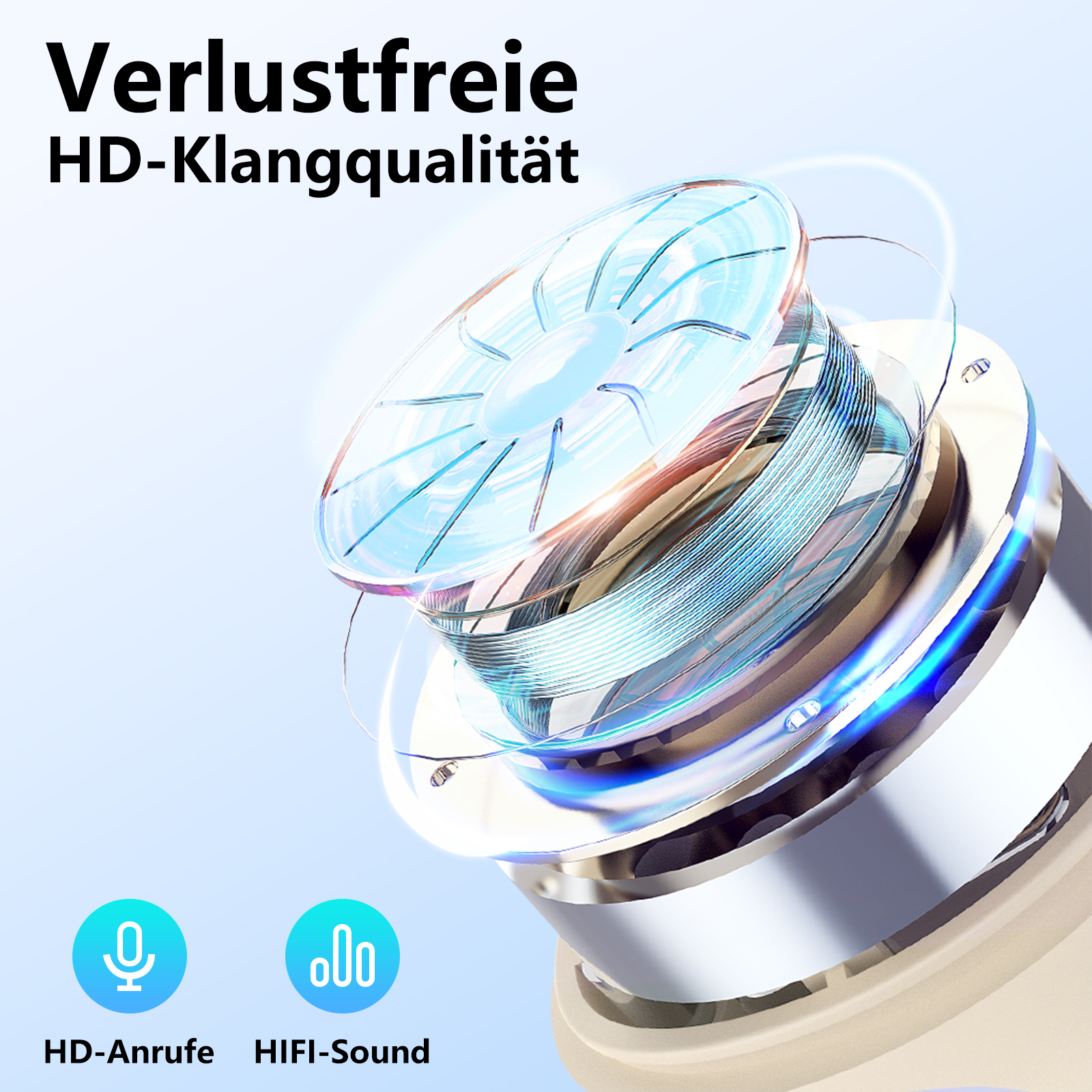 Nahaufnahme eines Lautsprechers mit blauem Licht, Text: verlustfreie HD-Klangqualität und zwei Icons.