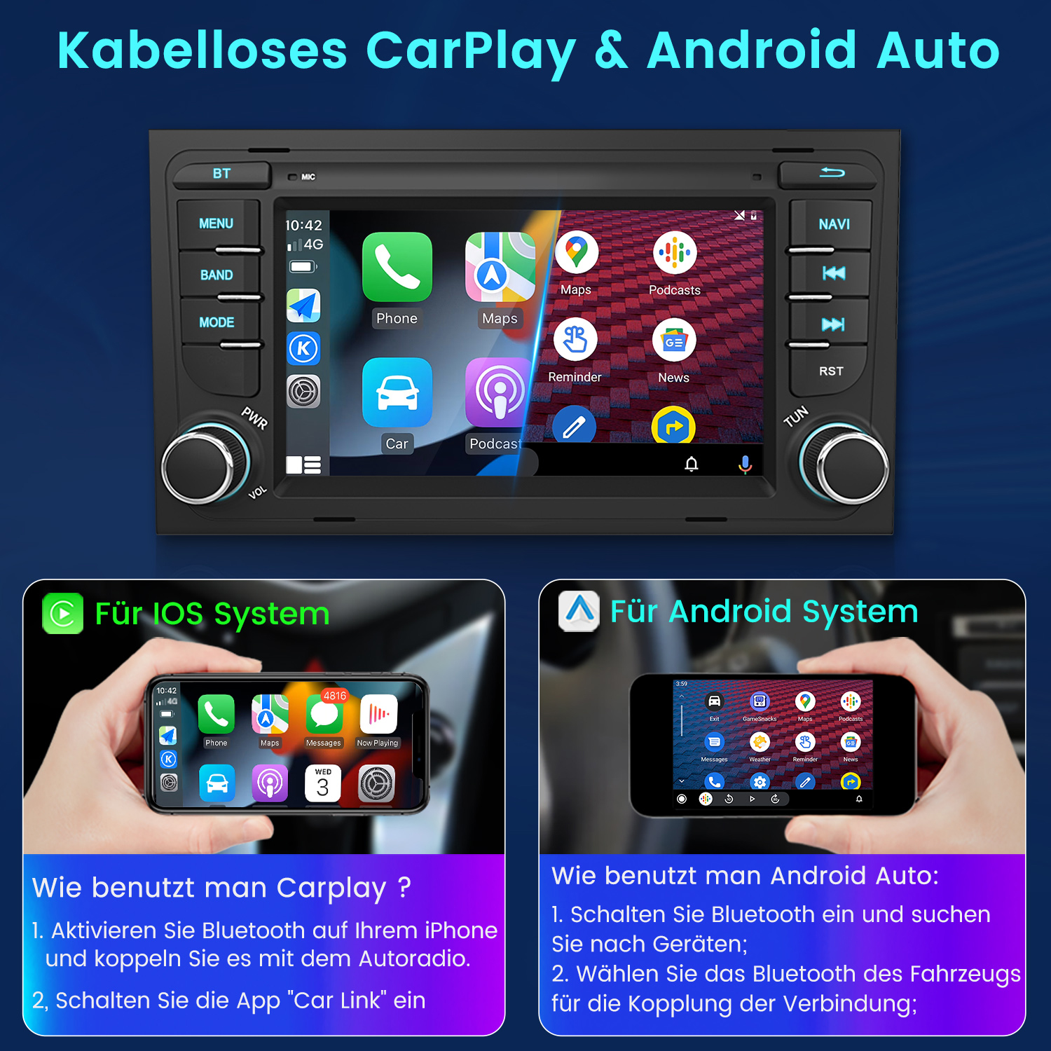 Autoradio mit Display, das Apps zeigt. Anweisungen für Apple- und Android-Systeme.