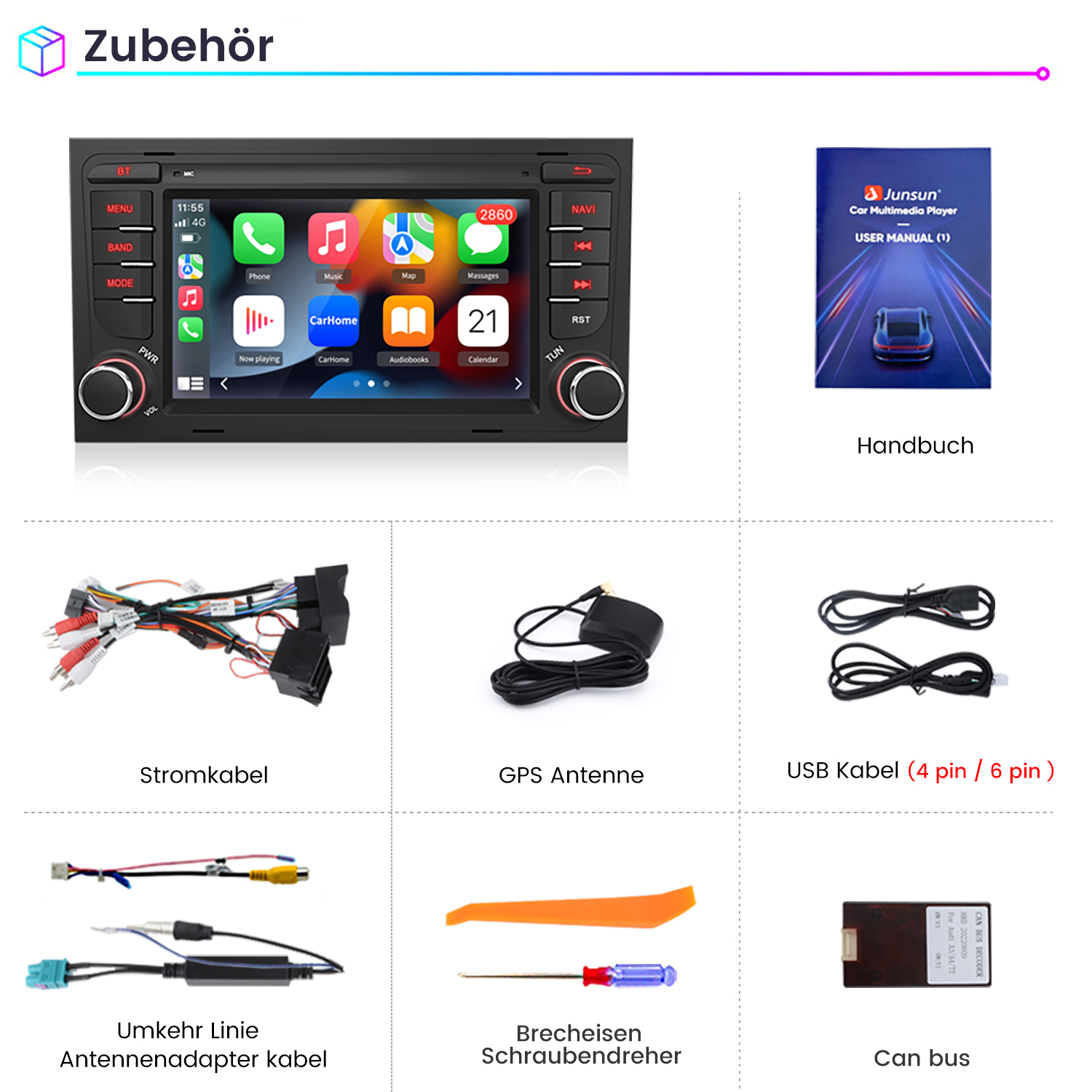 Auto-Multimedia-Player mit Zubehör. Enthält Bildschirm, Kabel, Handbuch, Antenne und Schraubendreher.