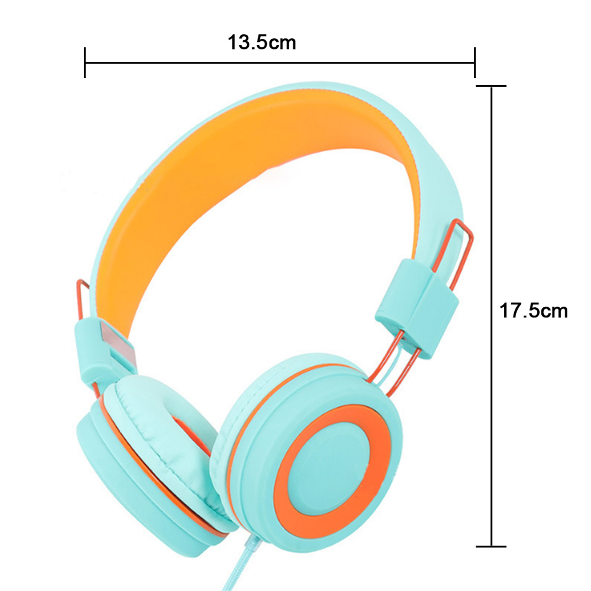 Kopfhörer mit tealfarbenen Ohrmuscheln und Kopfband, orangefarbenen Akzenten und Maßen von 13,5 cm und 17,5 cm.