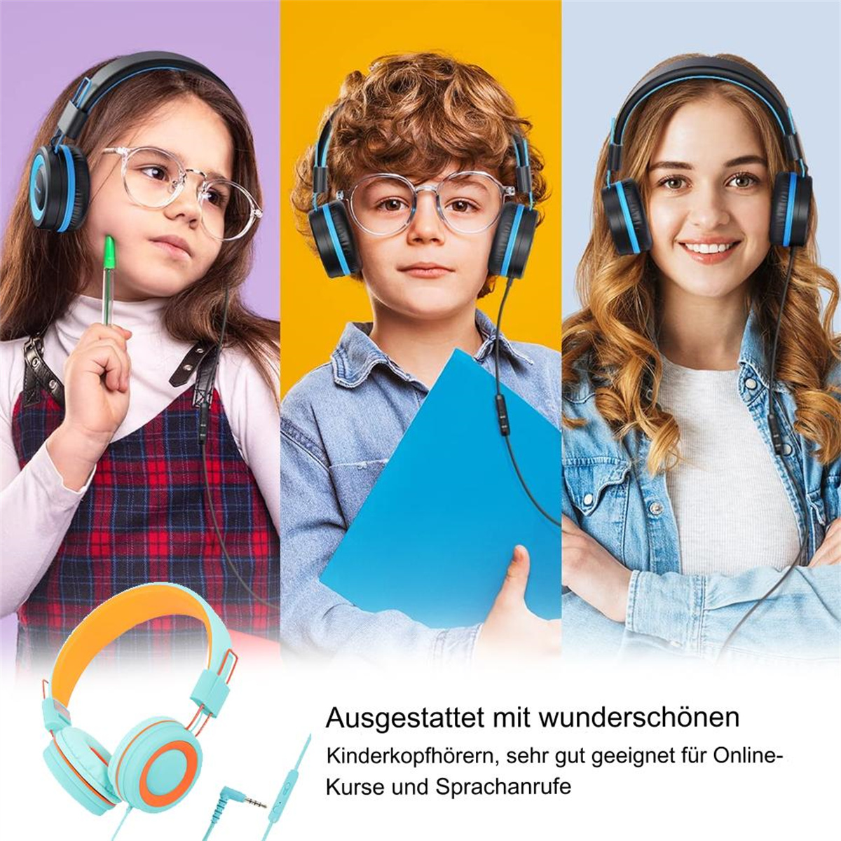 Drei Kinder mit Kopfhörern, eins mit Stift. Ein türkisfarbener Kopfhörer und Text über Kurse.