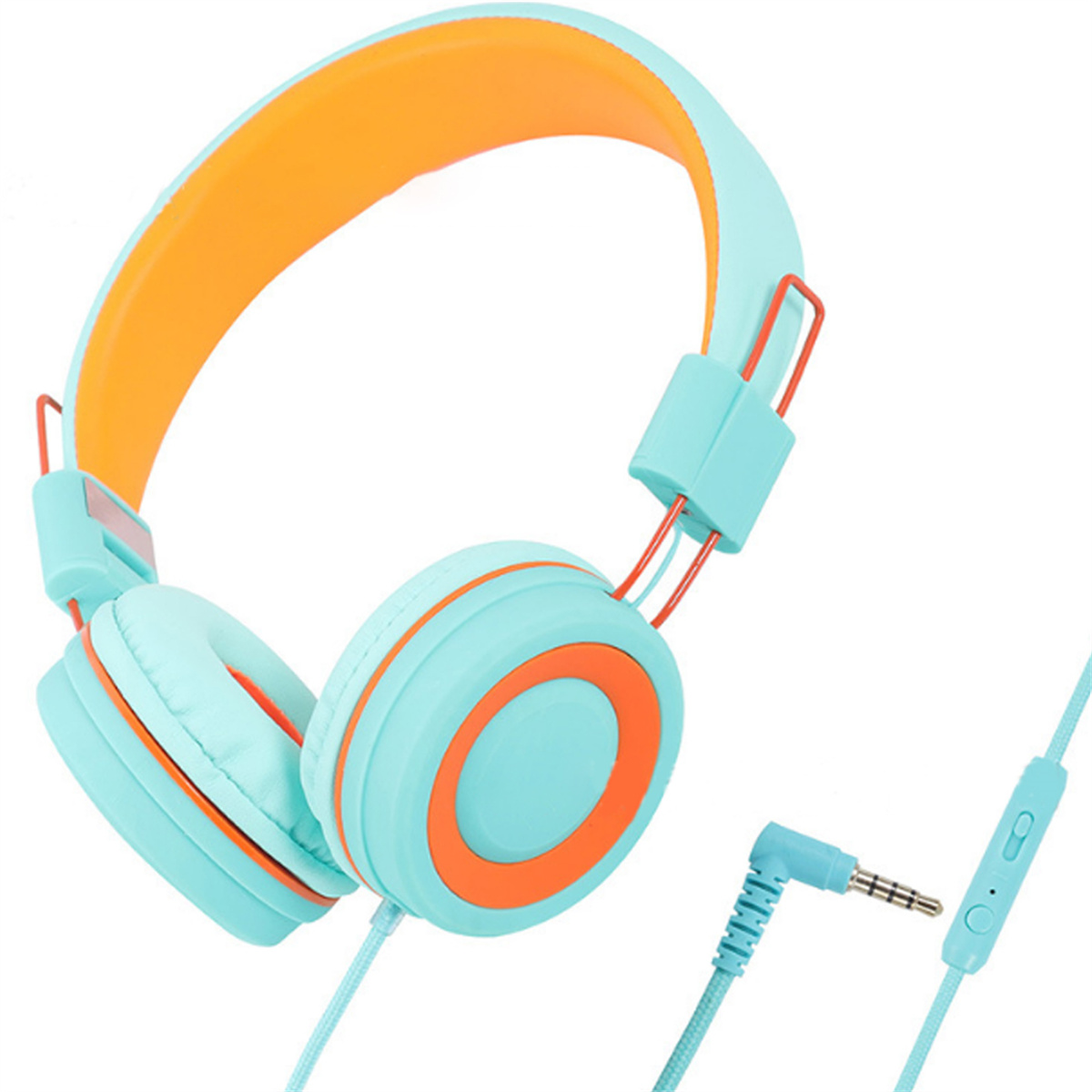 Ein blau-oranges Headset mit Kabel und 3,5-mm-Klinke. Das Headset befindet sich auf weißem Hintergrund.