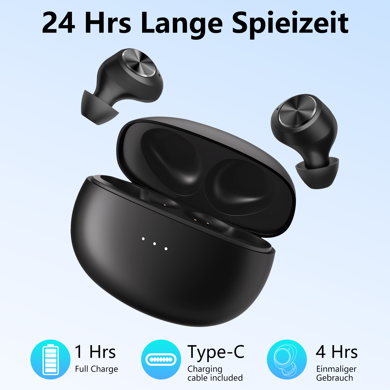 Schwarze kabellose Ohrhörer mit Ladecase und Icons, die Funktionen darstellen.