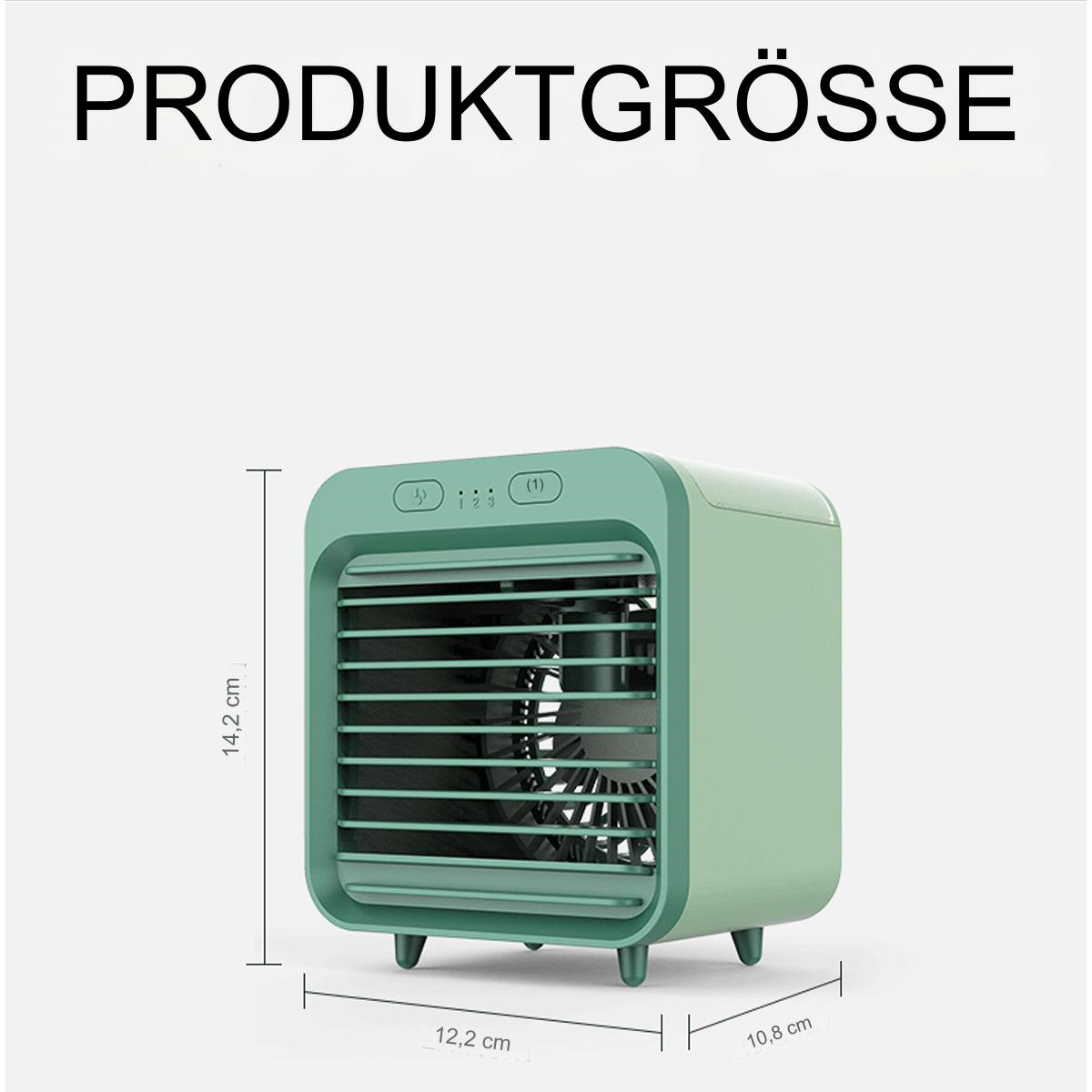 Ein kleiner grüner Luftkühler. Er hat einen Griff, Knöpfe und Abmessungen in cm.