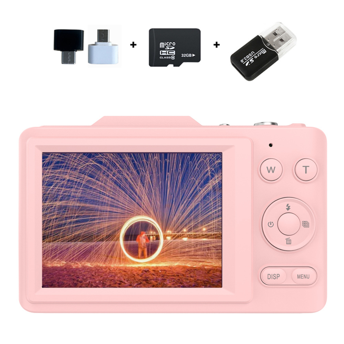 Rosa Digitalkamera mit Feuerwerk auf dem Bildschirm. Zubehör oben. Weißer Hintergrund.