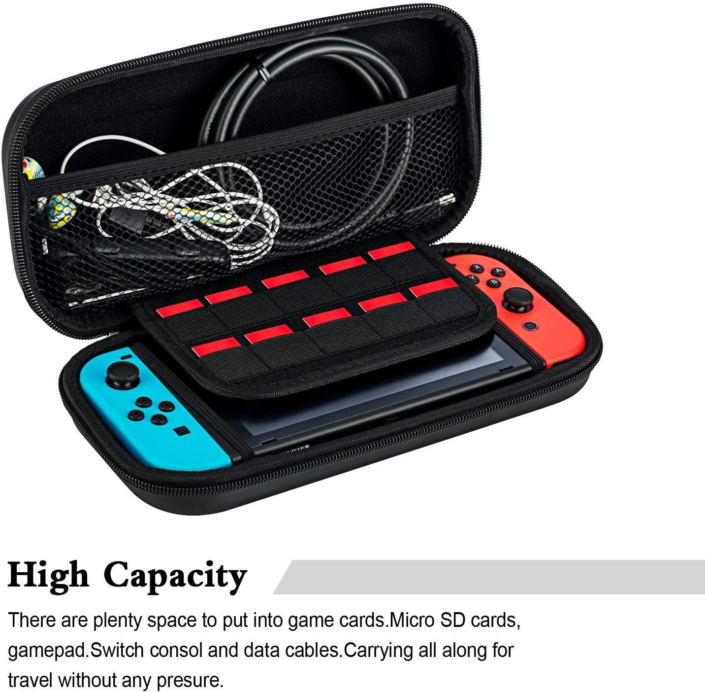 Ein schwarzes Etui mit einer Nintendo Switch, zwei Controllern und Kabeln. Text unten.