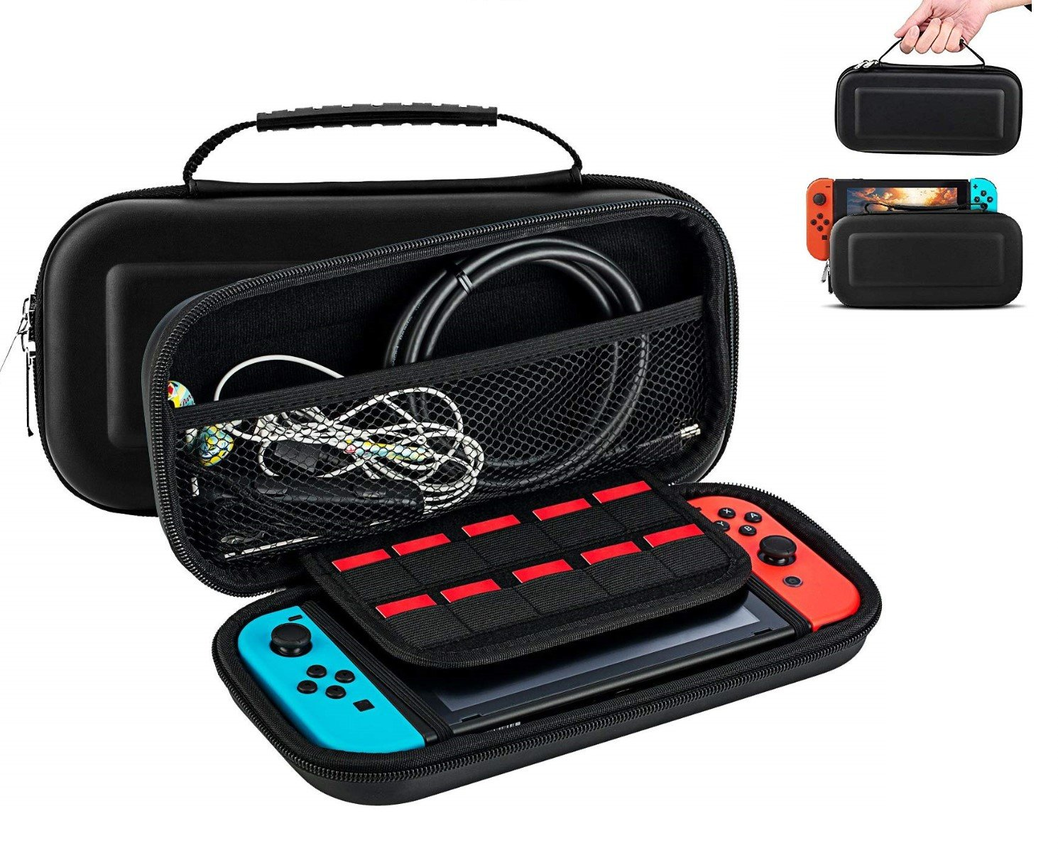 Geöffnete schwarze Tragetasche mit Switch-Konsole, Controller und Zubehör.