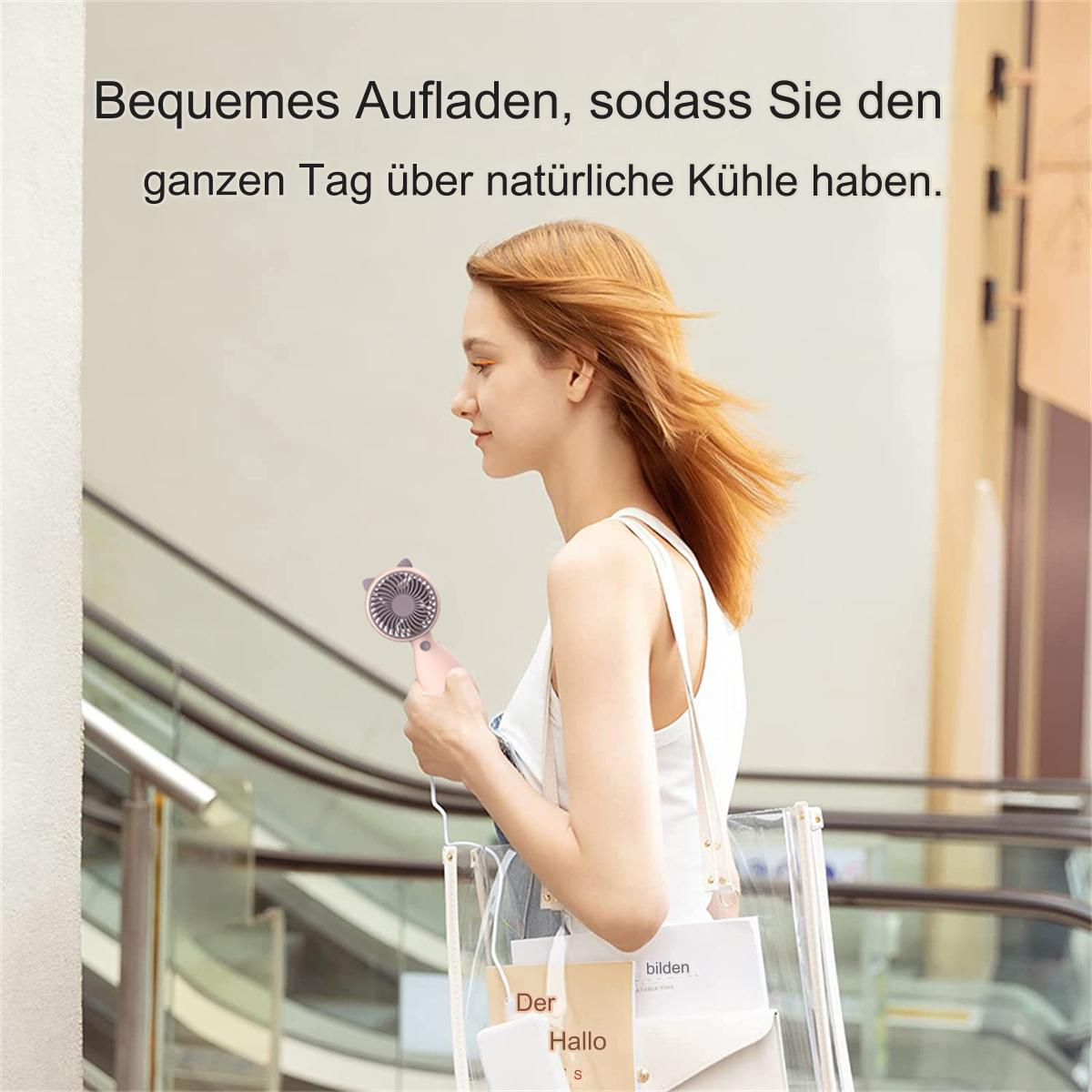Eine Frau hält einen kleinen lila Ventilator, geht an einer Glasbarriere vorbei, Text darüber.