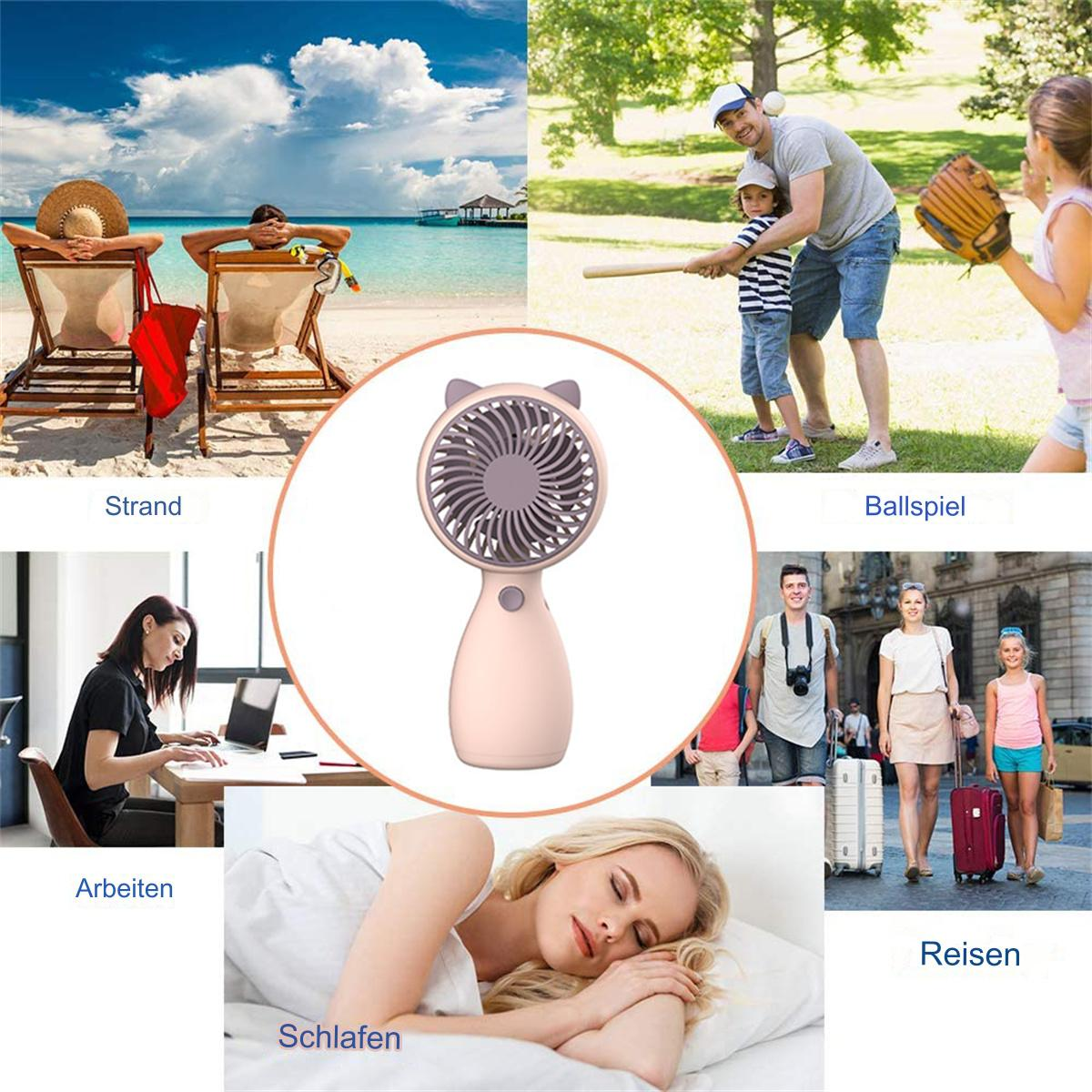 Verschiedene Szenen: Strand, Baseball, Arbeiten, Schlafen, Reisen und ein rosa Ventilator.