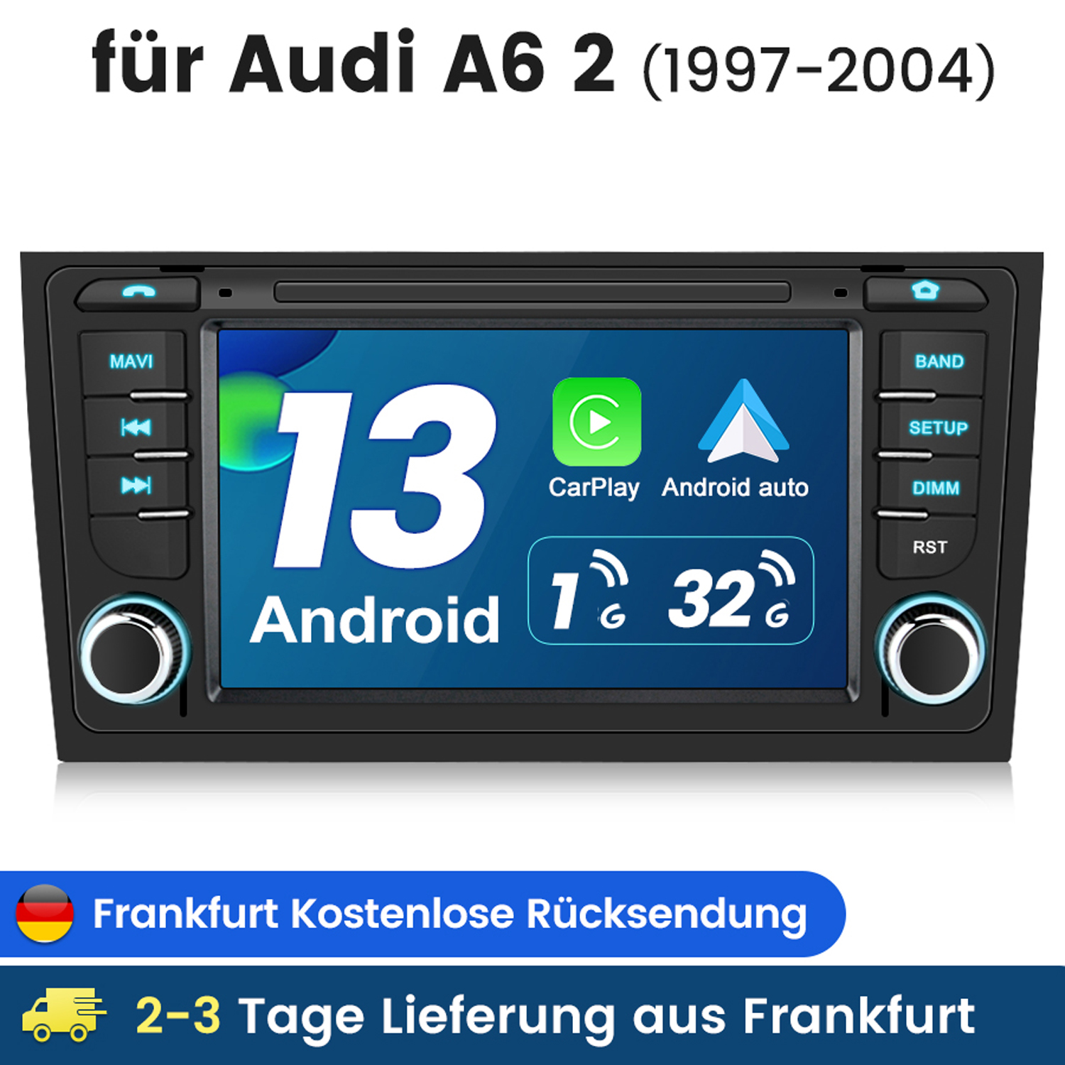 Ein Autoradio mit Bildschirm, der Android Auto und CarPlay Optionen anzeigt.