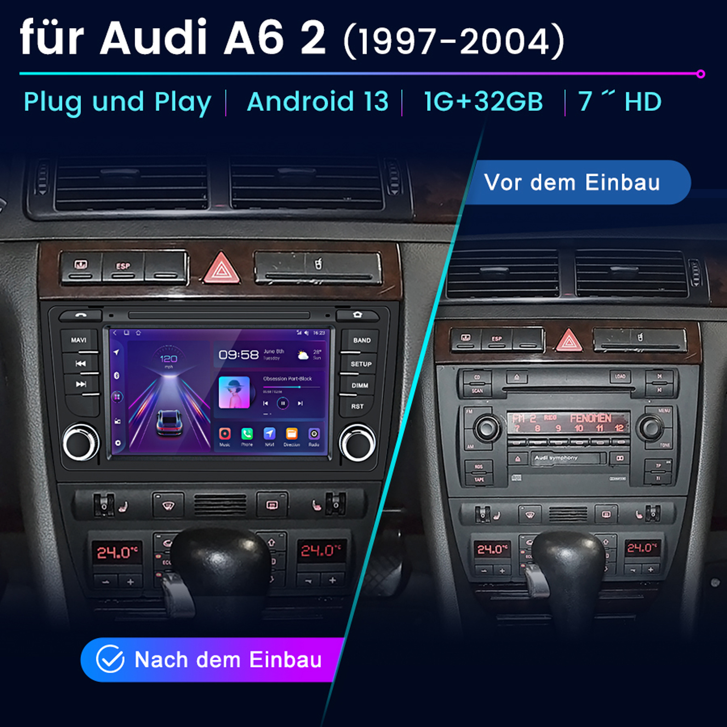 Autoradio vor und nach dem Einbau. Das Autoradio ist im Auto eingesteckt.