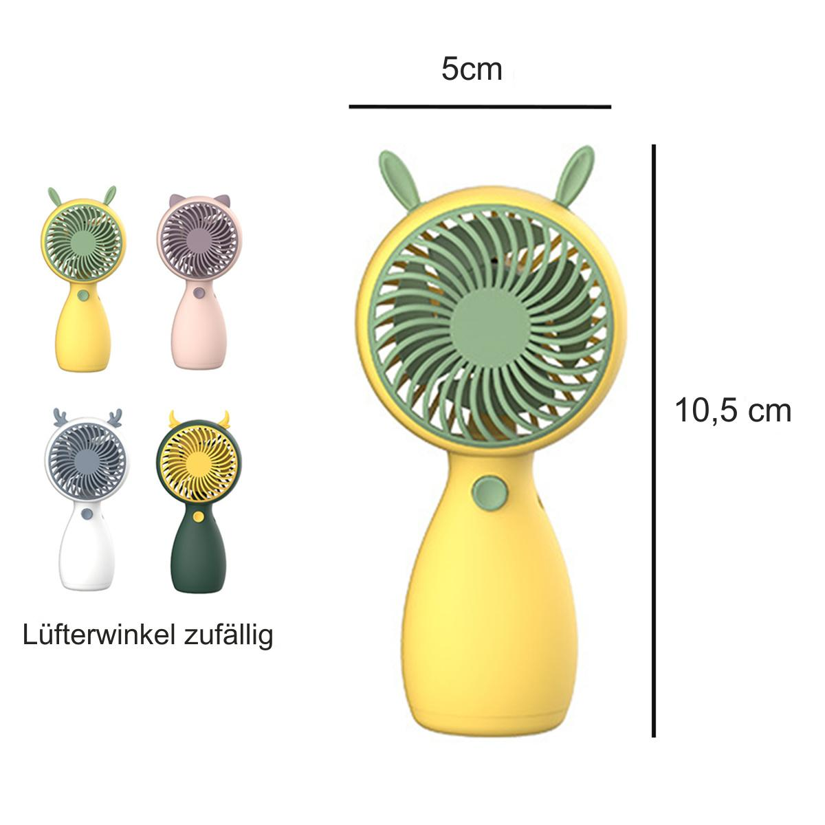 Ein gelber tragbarer Ventilator. Im Hintergrund sind 4 weitere Ventilatoren. Der Ventilator ist 10,5 cm hoch.