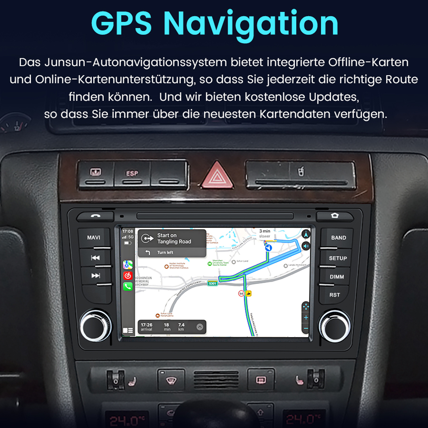 Auto-Armaturenbrett mit Navigationsbildschirm mit Karte. Schwarzer Innenraum.
