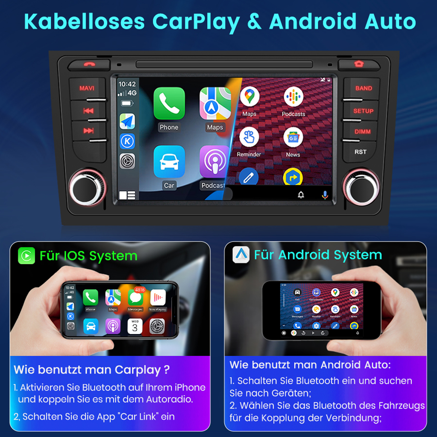 Autoradio mit Bildschirm, der App-Symbole anzeigt. Zwei Telefone zeigen CarPlay- und Android Auto-Einrichtungsanweisungen.