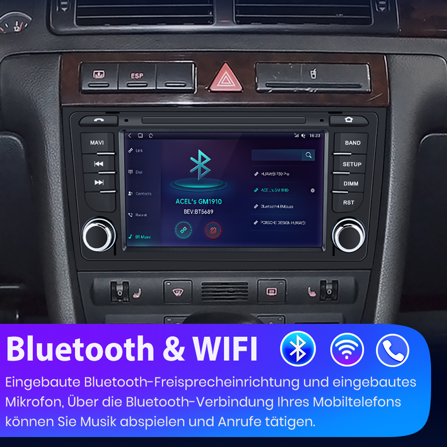Auto-Armaturenbrett: Radio mit Bildschirm, Knöpfen und Lüftungsschlitzen. Bluetooth & WIFI-Logo unten.