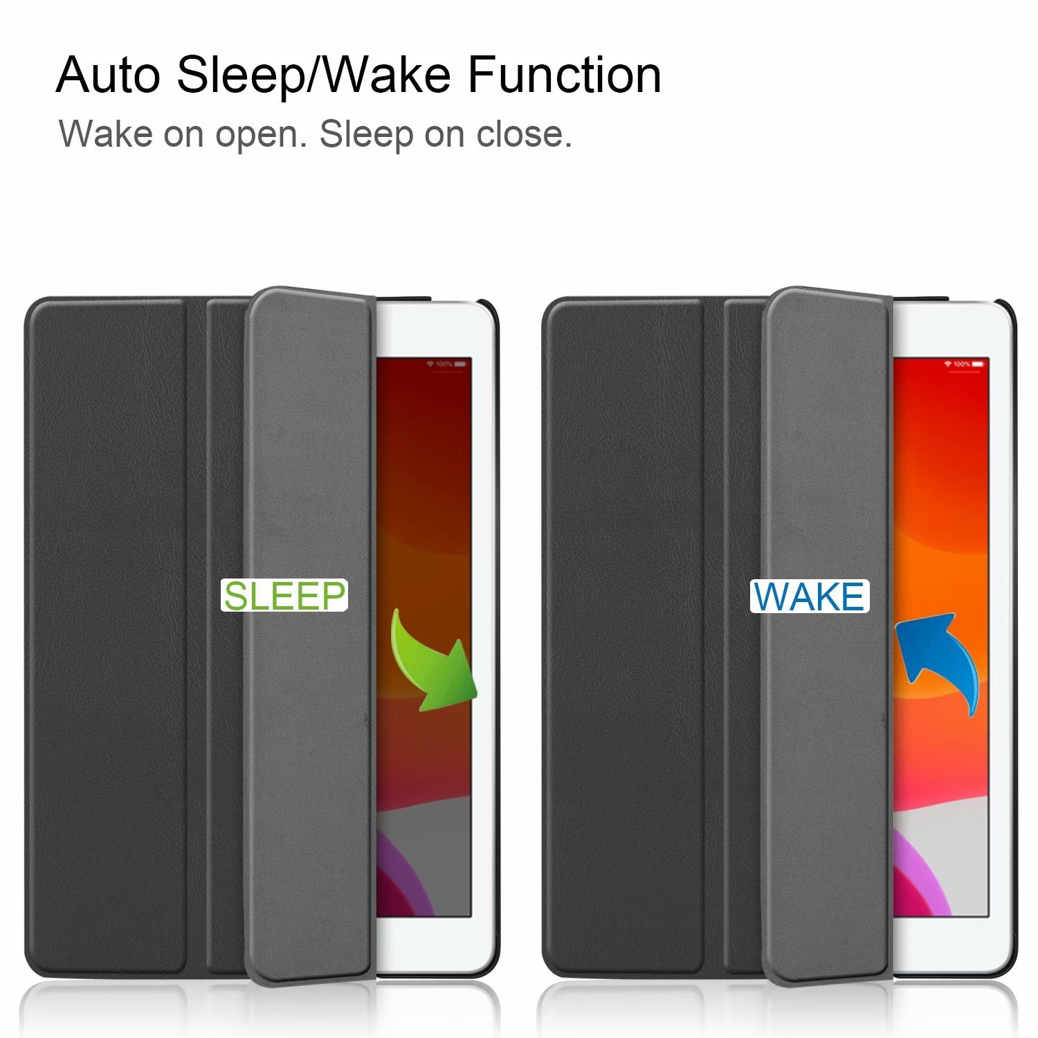 Etui na tablet otwarte i zamknięte, pokazujące funkcję uśpienia/wybudzania.