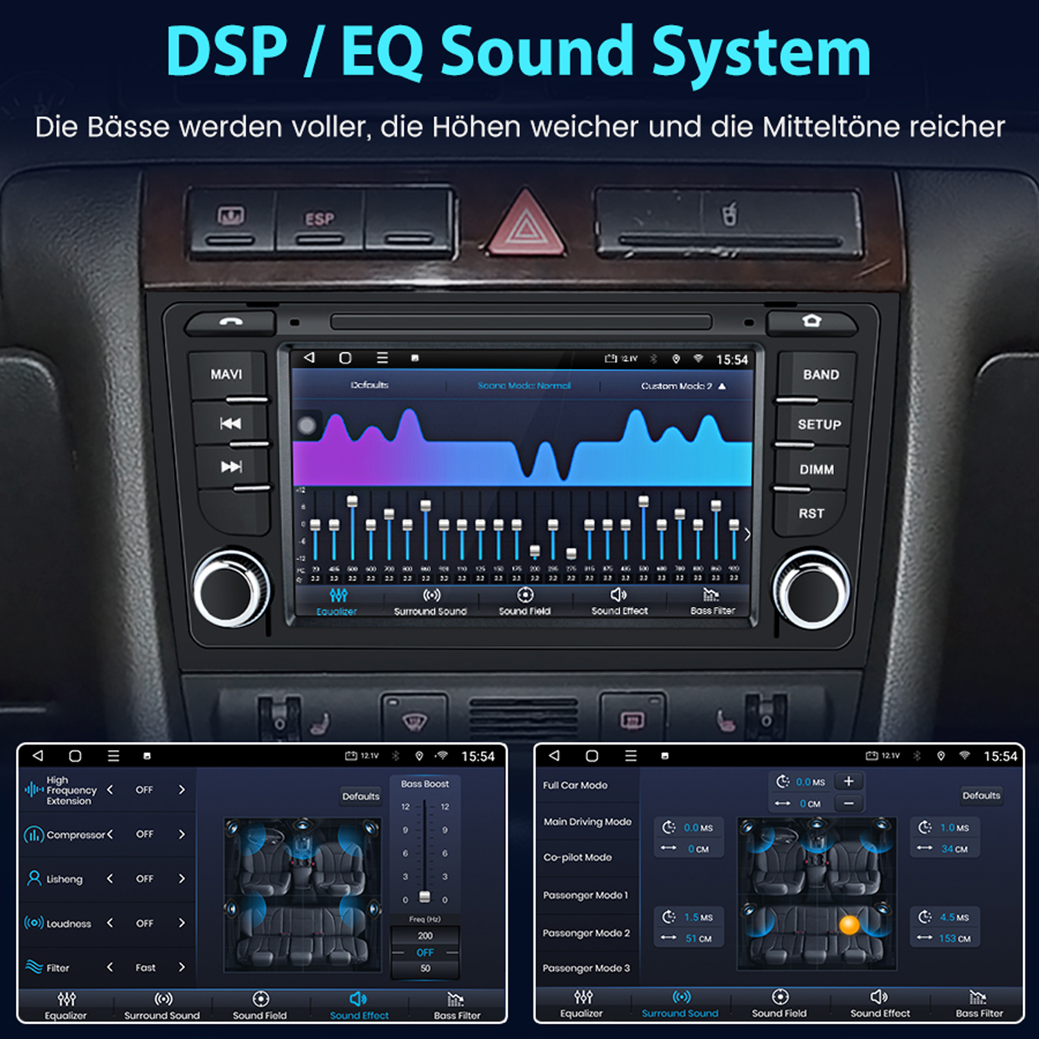 Autoradio-Bildschirm mit mehreren Einstellungen. Zeigt: Soundmodus, Equalizer, Surround-Sound, Soundfeld und Bassfilter.
