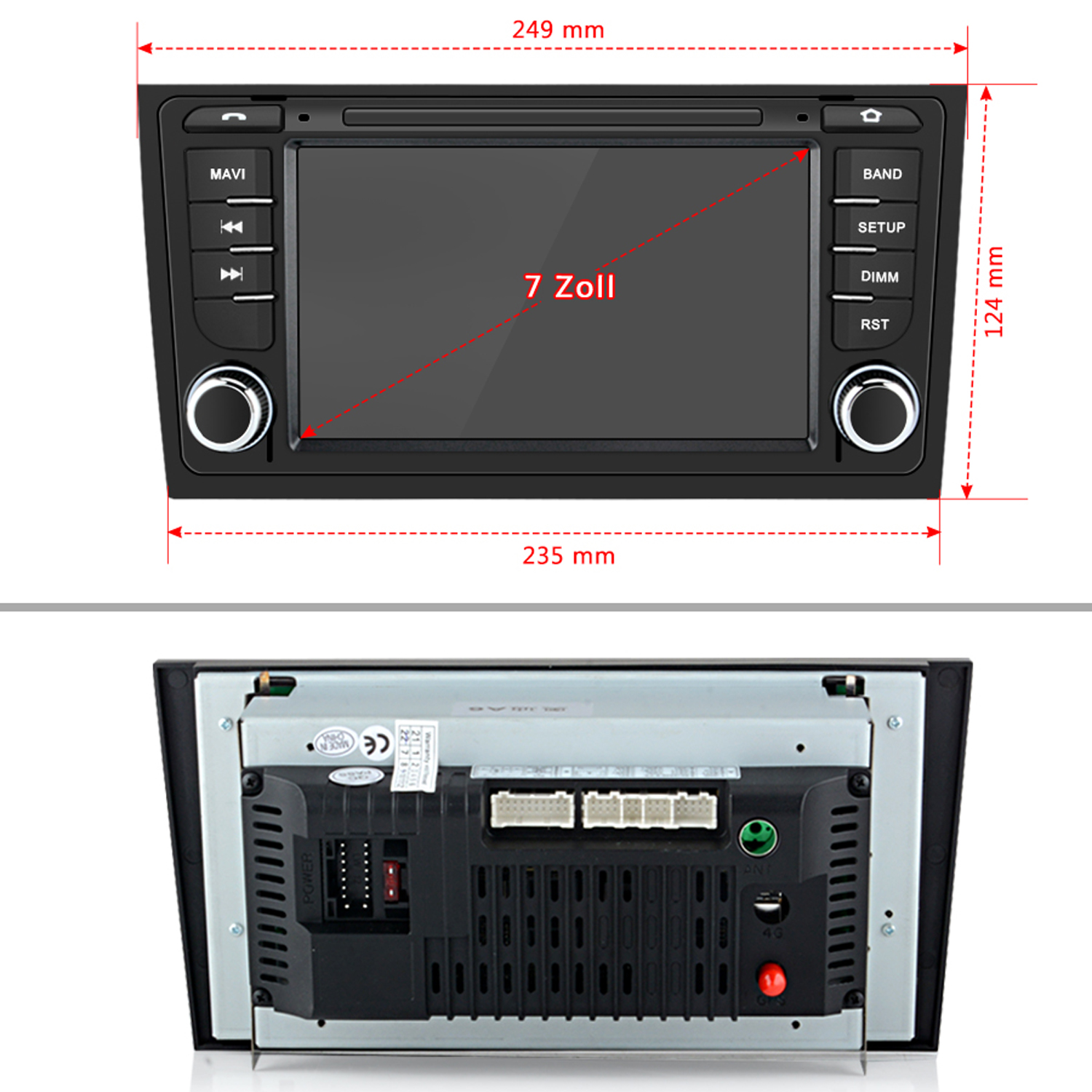 Autoradio mit Touchscreen. Es hat Knöpfe und ein Display. Die Rückansicht zeigt Anschlüsse und Verbindungen. Maße sind angegeben.