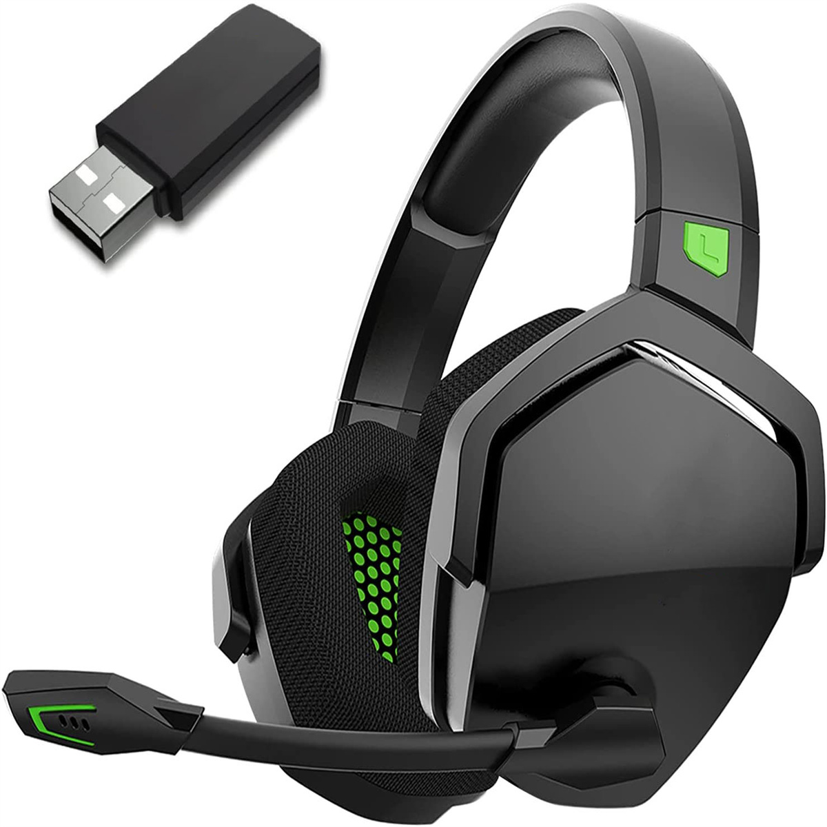Schwarzes Gaming-Headset mit Mikrofon und USB-Dongle. Das Headset hat grüne Akzente.