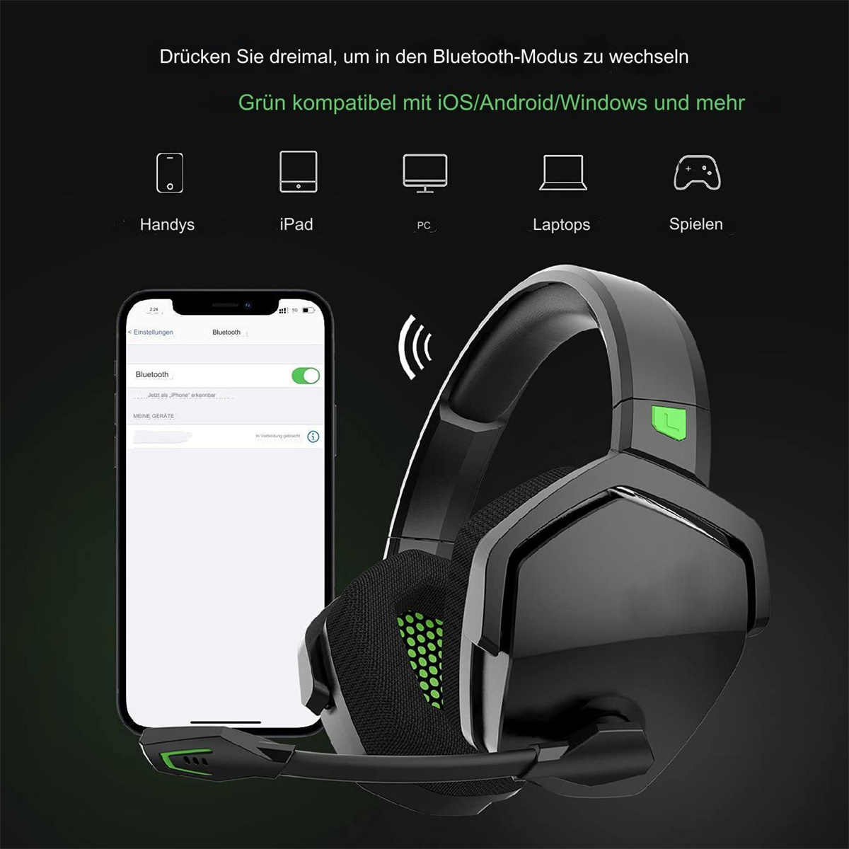 Schwarzes Headset mit einem Telefon, das eine Bluetooth-Verbindungsoberfläche zeigt, kompatibel mit verschiedenen Geräten.