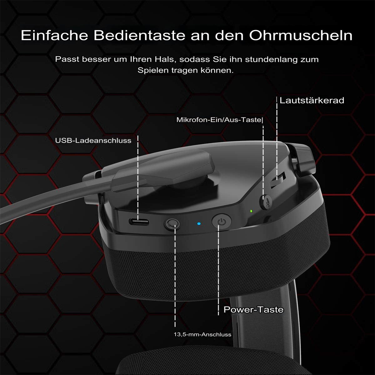 Nahaufnahme von Gaming-Kopfhörern. Zeigt den Ladeanschluss, die Ein-/Aus-Taste und das Lautstärkeregelrad.