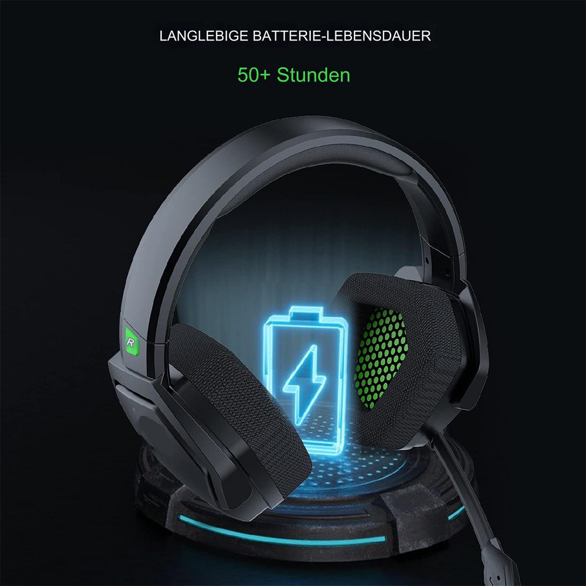 Schwarzes Gaming-Headset auf einem Ständer. Ein Batteriesymbol mit Blitz leuchtet, was lange Akkulaufzeit anzeigt.