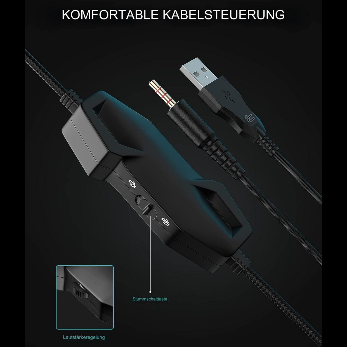 Schwarze Kabelsteuerung mit USB- und Audioanschluss. Lautstärke- und Stummtaste sichtbar.