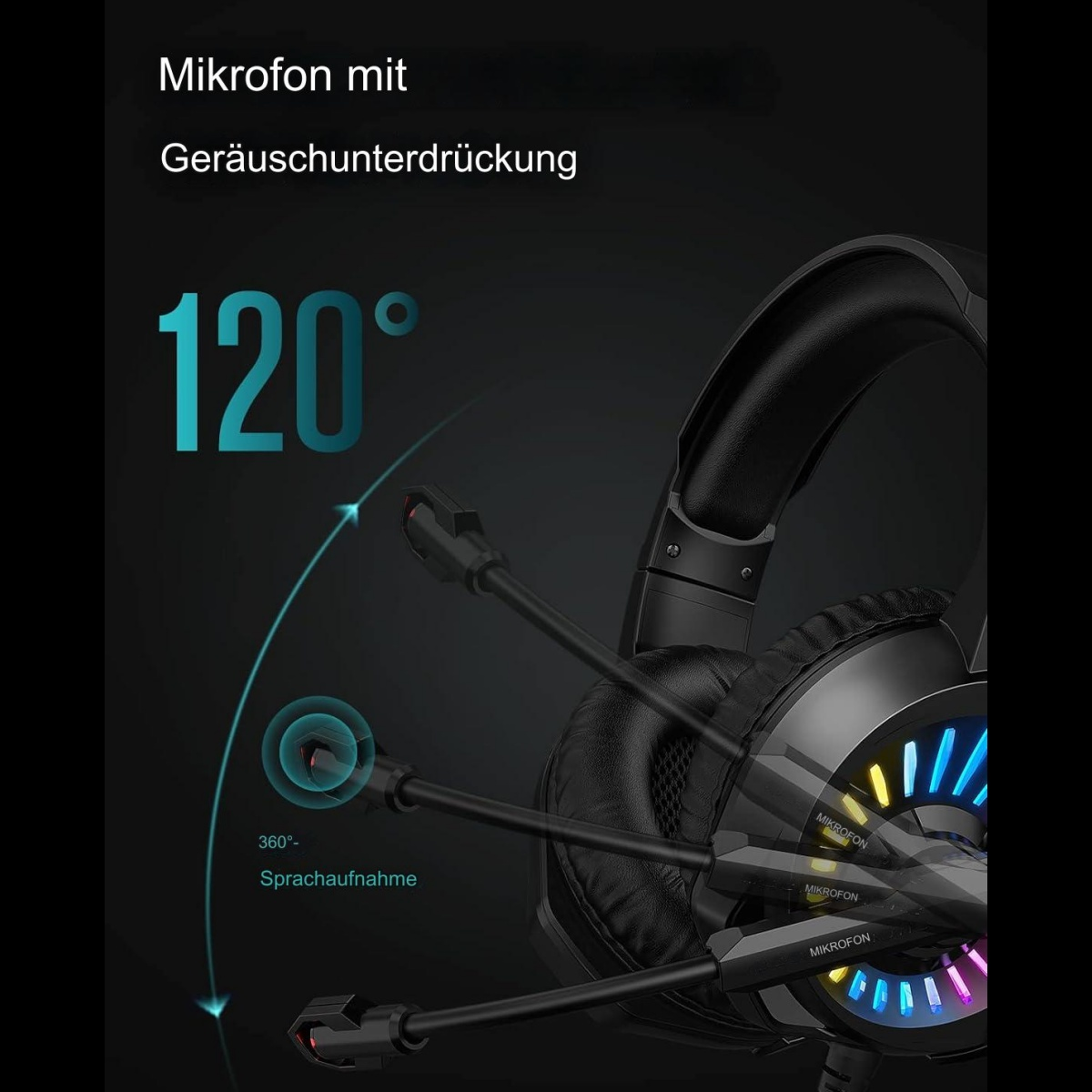 Ein Gaming-Headset mit Geräuschunterdrückung und drei Mikrofonen, beleuchtet mit blauen Lichtern.