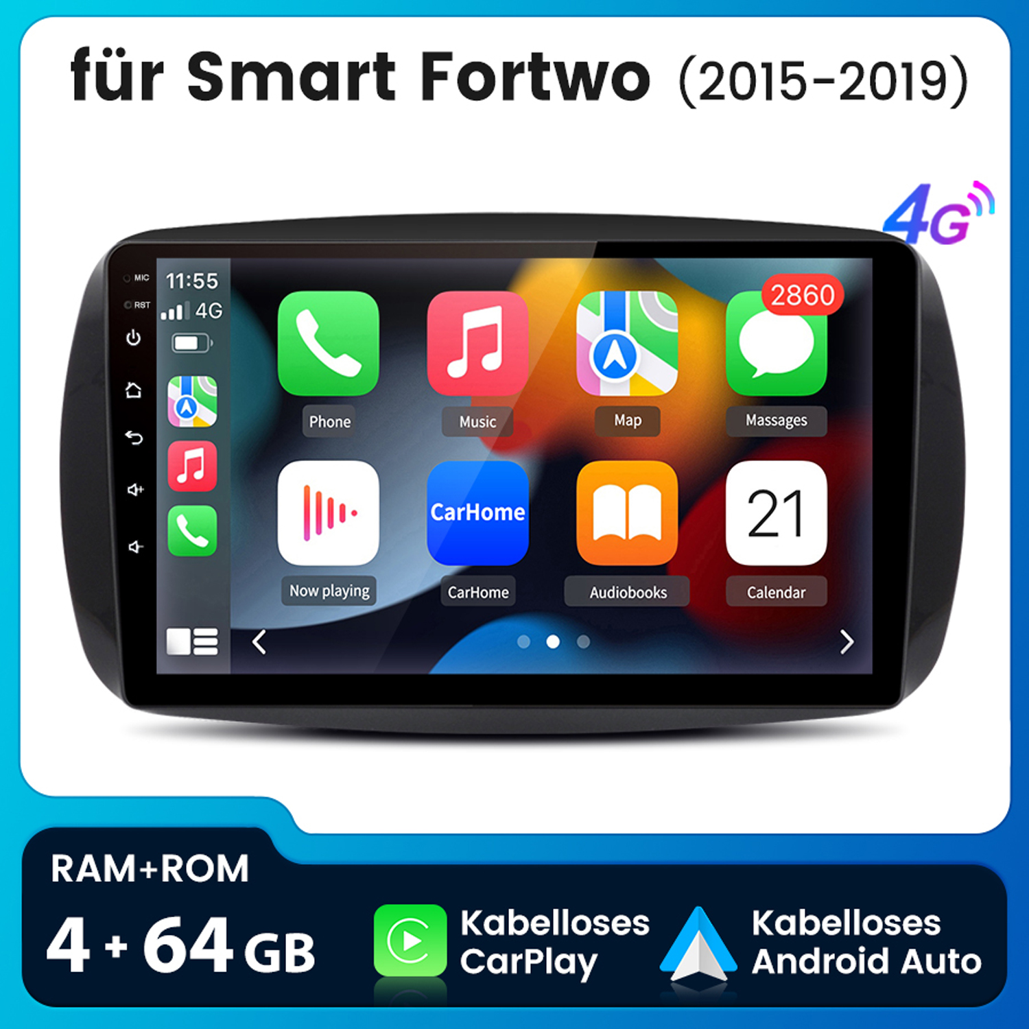 Auto-Multimedia-System mit Symbolen, Tasten und Kartendarstellung auf schwarzem Bildschirm.