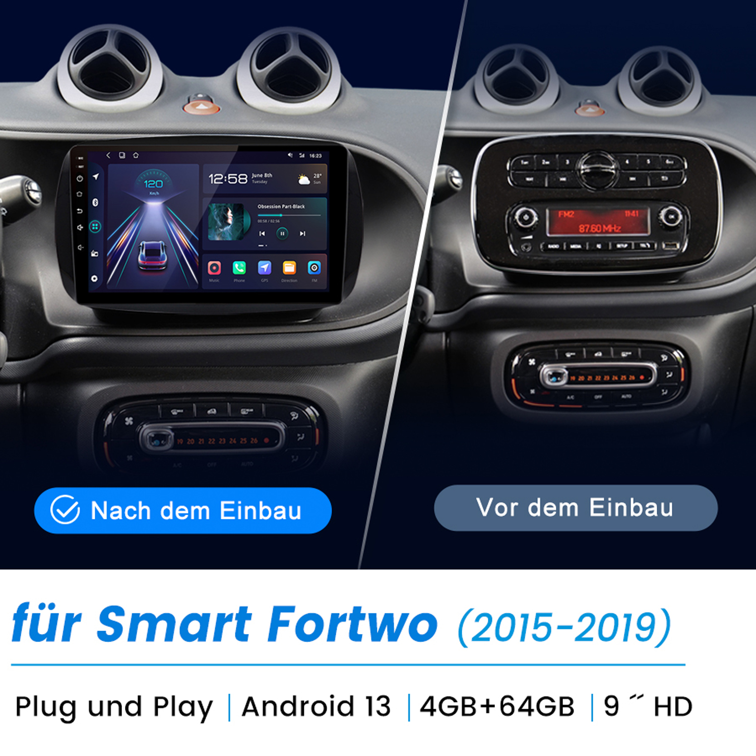 Das Armaturenbrett eines Autos mit einem Bildschirm.