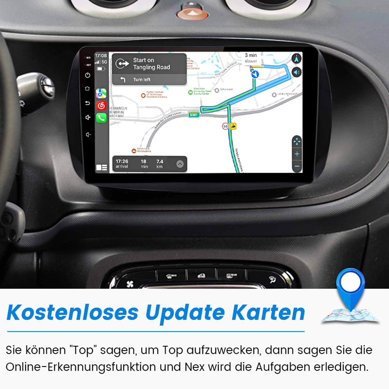 Navigationsbildschirm im Auto mit Routenführung. Zeigt Straßen, Zeit und Entfernung an.