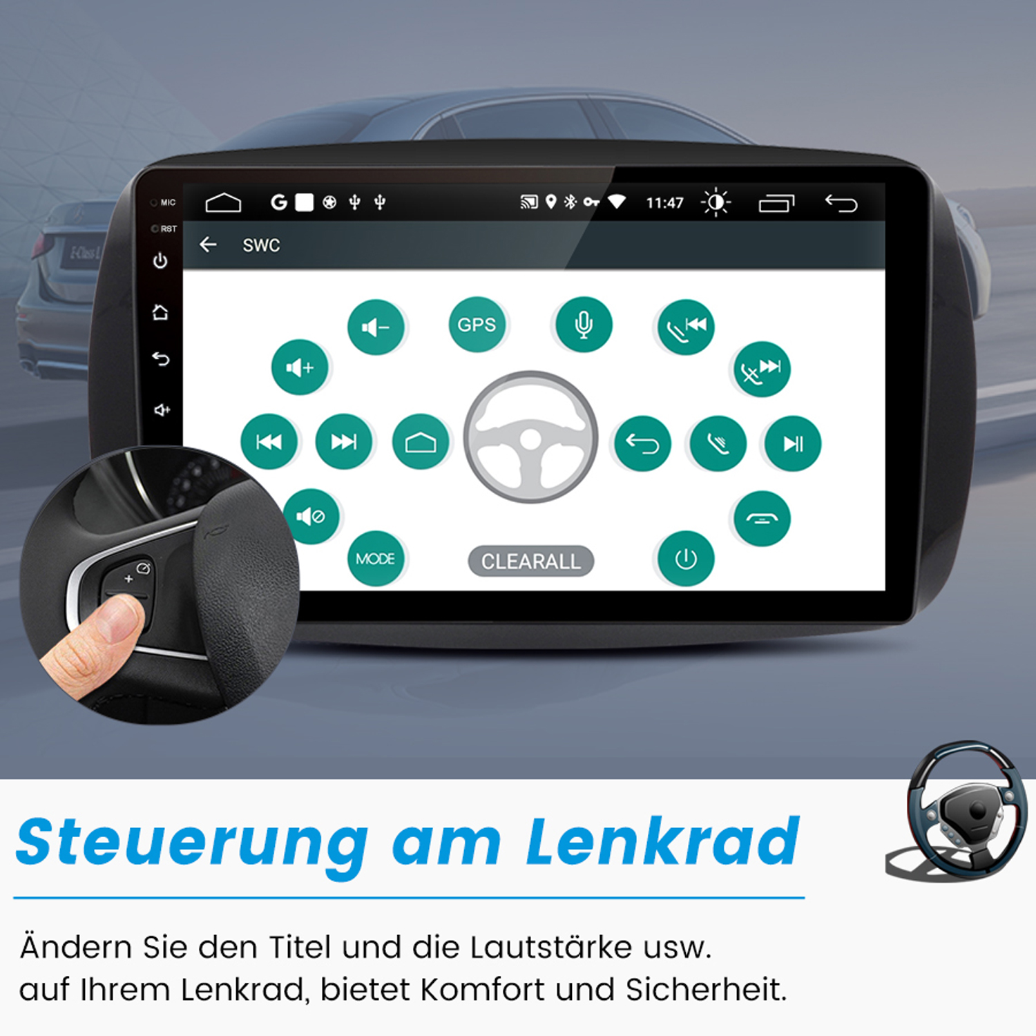 Touchscreen-Dashboard im Auto mit Navigations- und Steuertasten. Lenkradbedienung. Auto-Außenbereich im Hintergrund.