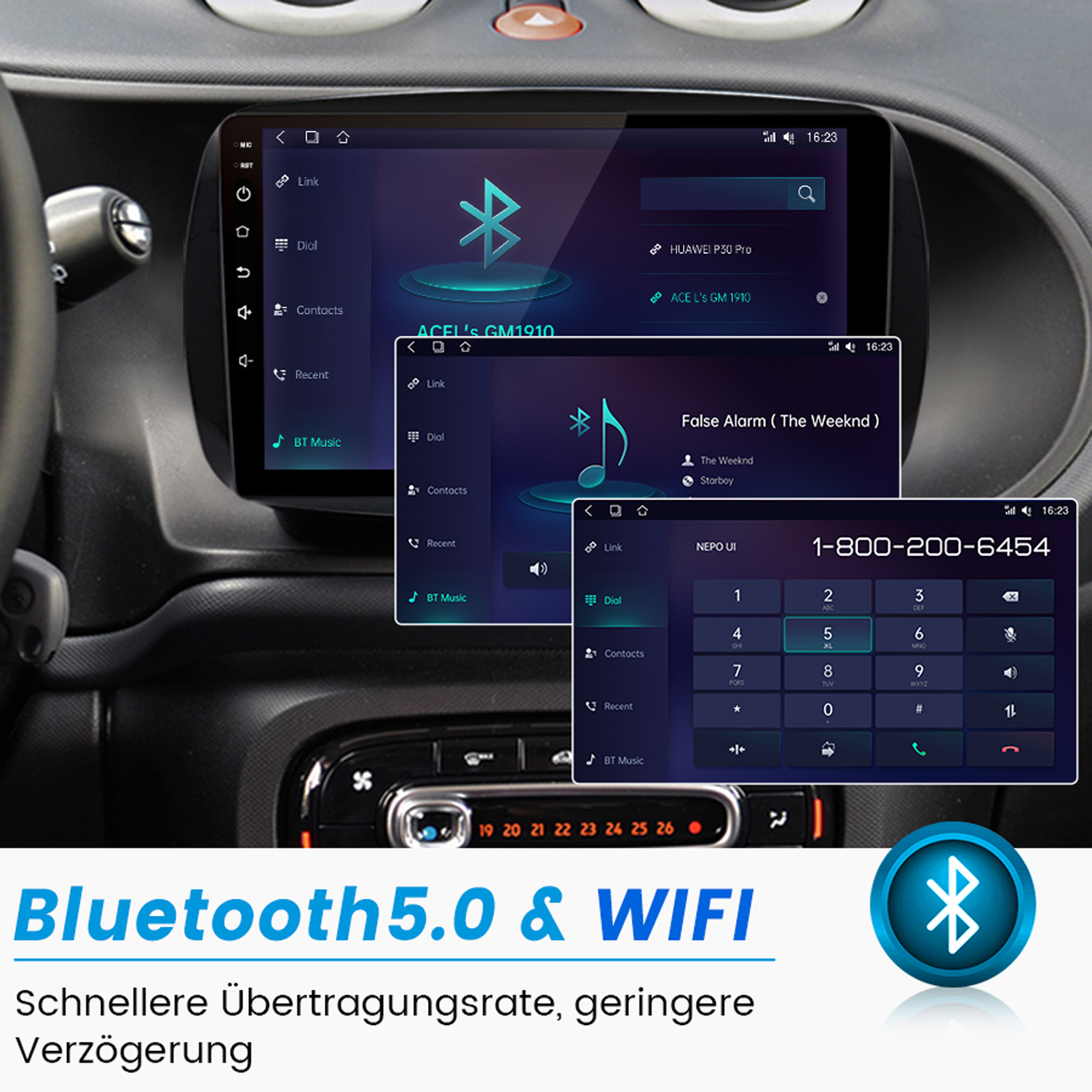 Ein Armaturenbrett mit Bildschirm, der eine Telefonoberfläche und eine Tastatur für einen Anruf zeigt.