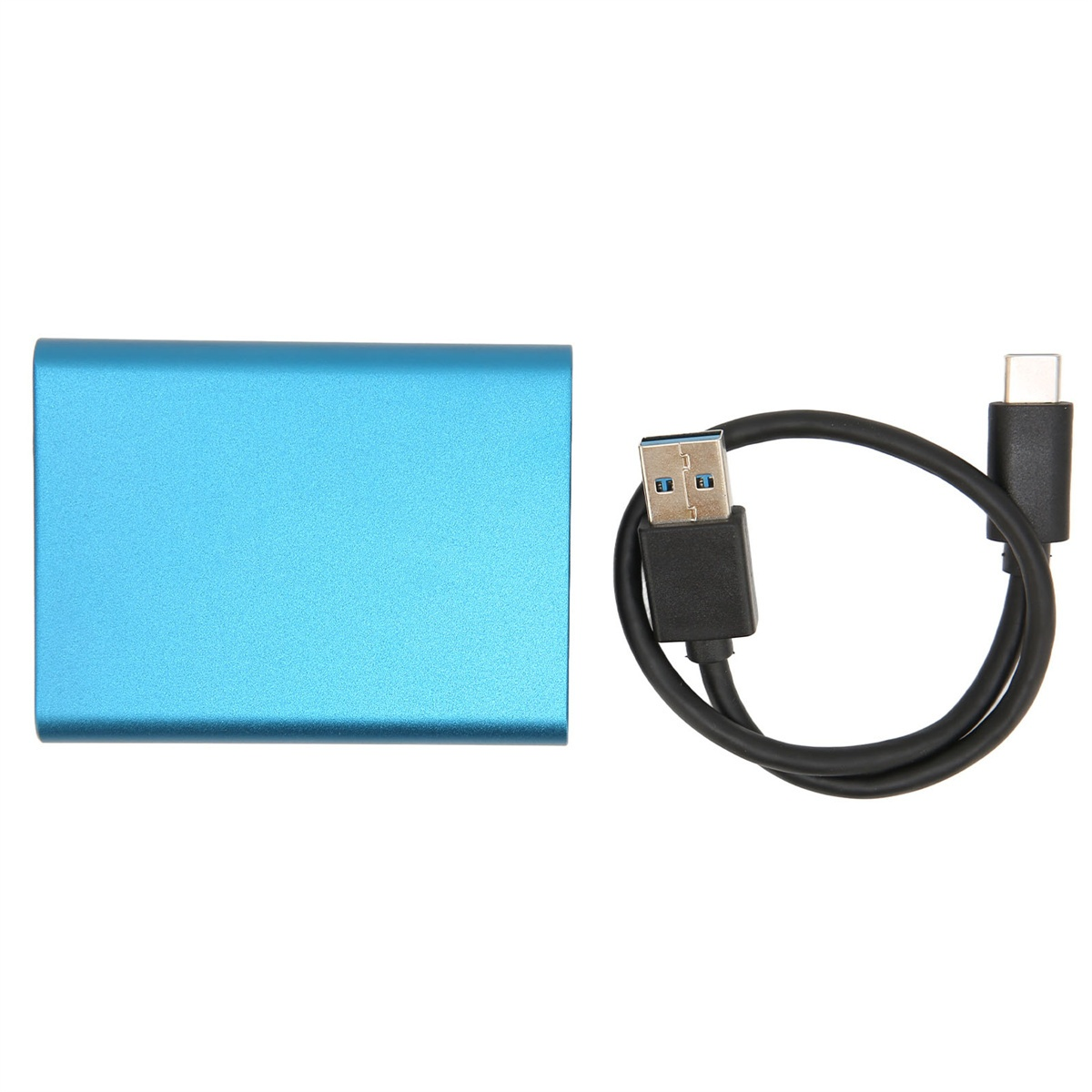 Blaue externe Festplatte mit USB-Kabel und USB-C-Anschluss auf weißem Hintergrund.