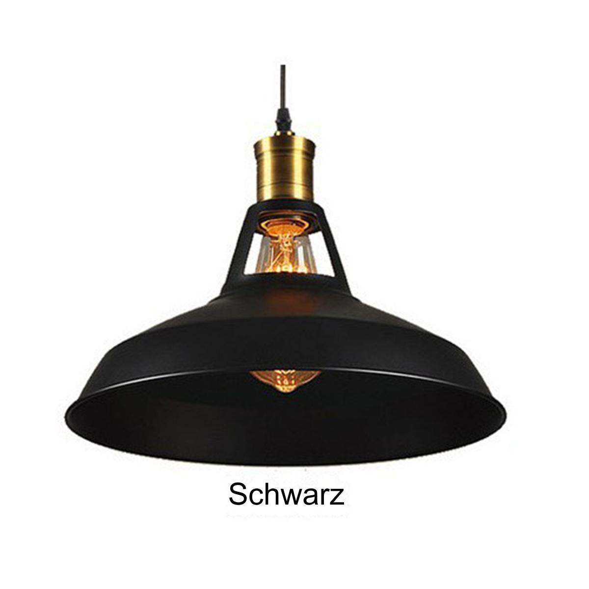 Schwarze Pendelleuchte mit dunklem Schirm und sichtbarer Glühbirne, darunter 'Schwarz'.