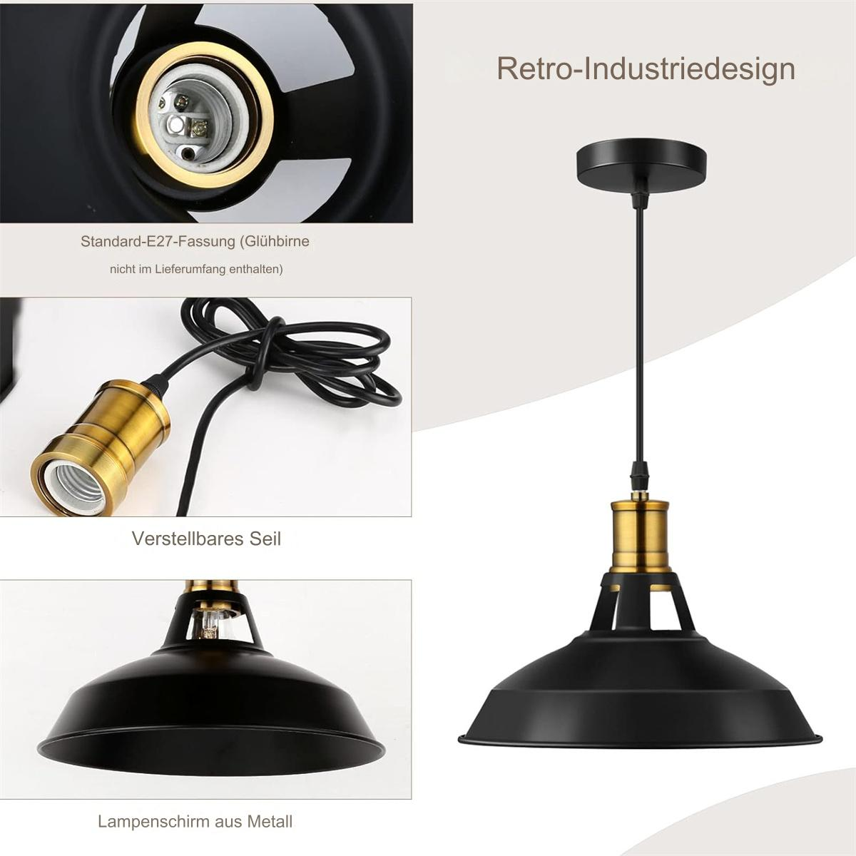 Eine schwarze Pendelleuchte mit goldenen Details. Details umfassen Lampenteile und ein Diagramm.