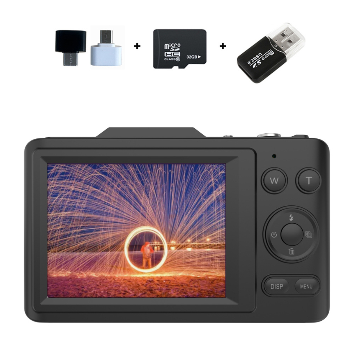 Schwarze Digitalkamera, die ein Feuerwerk auf ihrem Bildschirm zeigt, mit Zubehör oben.