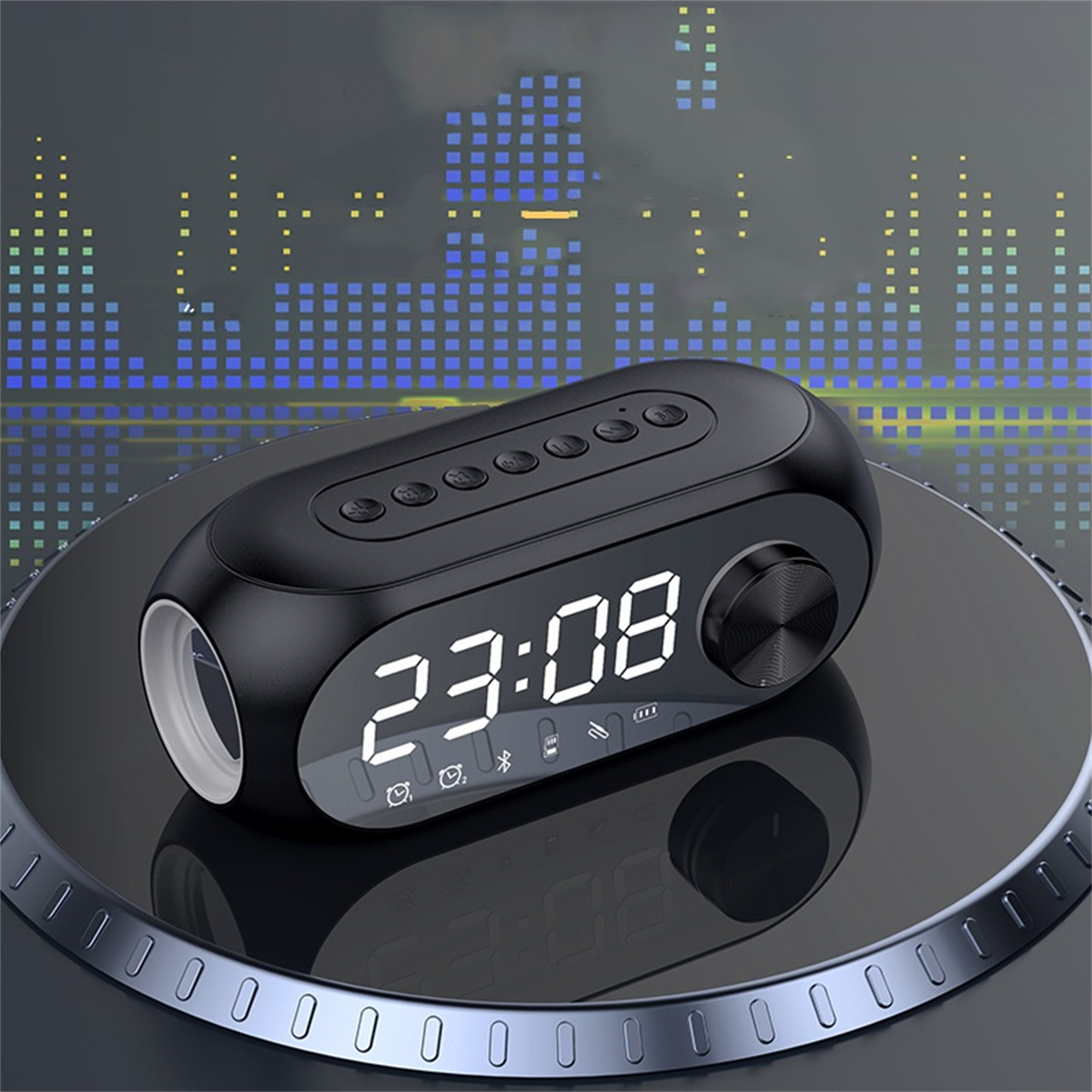 Schwarze Digitaluhr mit weißer Anzeige. Knöpfe und Drehregler oben.