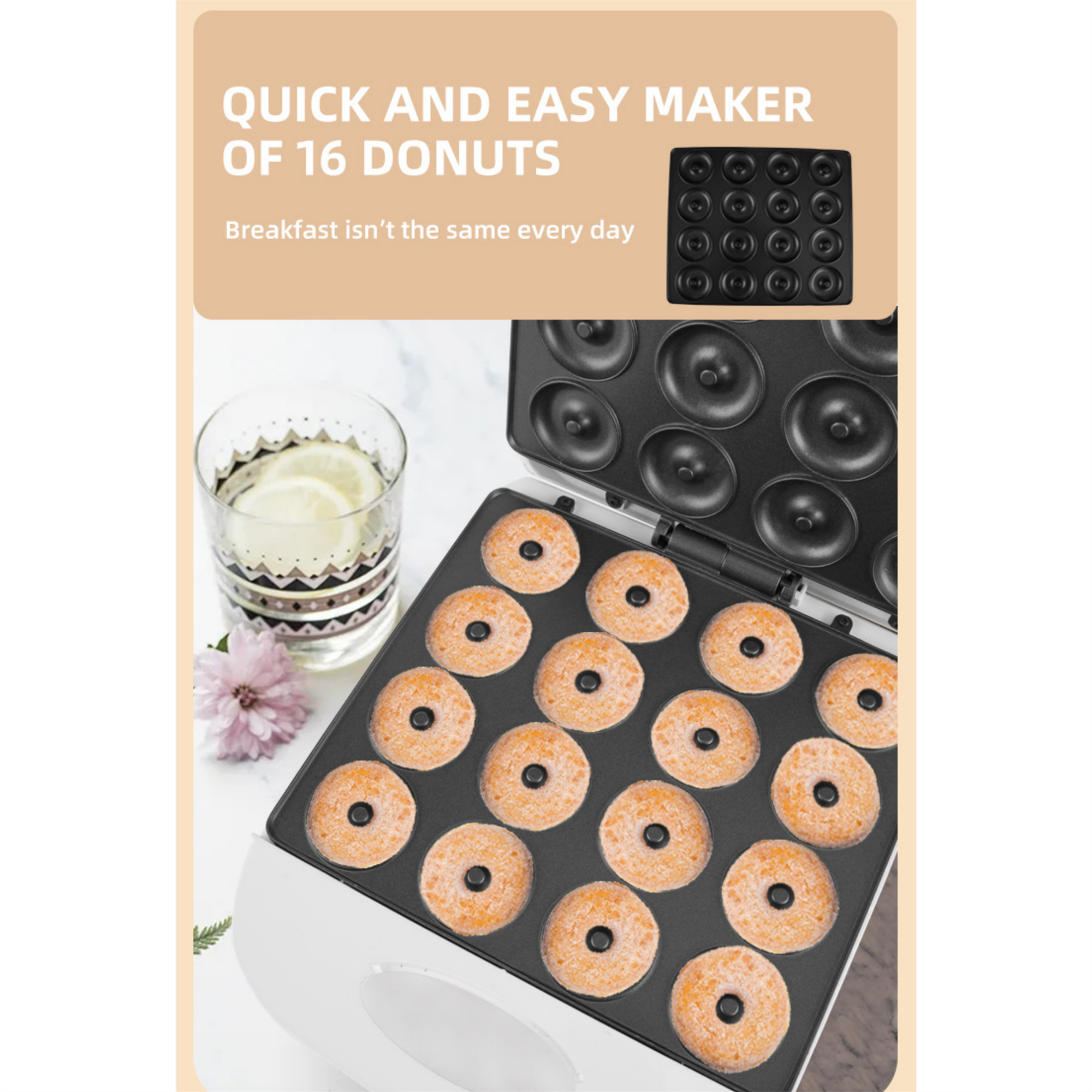 Donut-Maker mit Donuts. Ein Glas Wasser und eine Blume befinden sich auf der linken Seite.