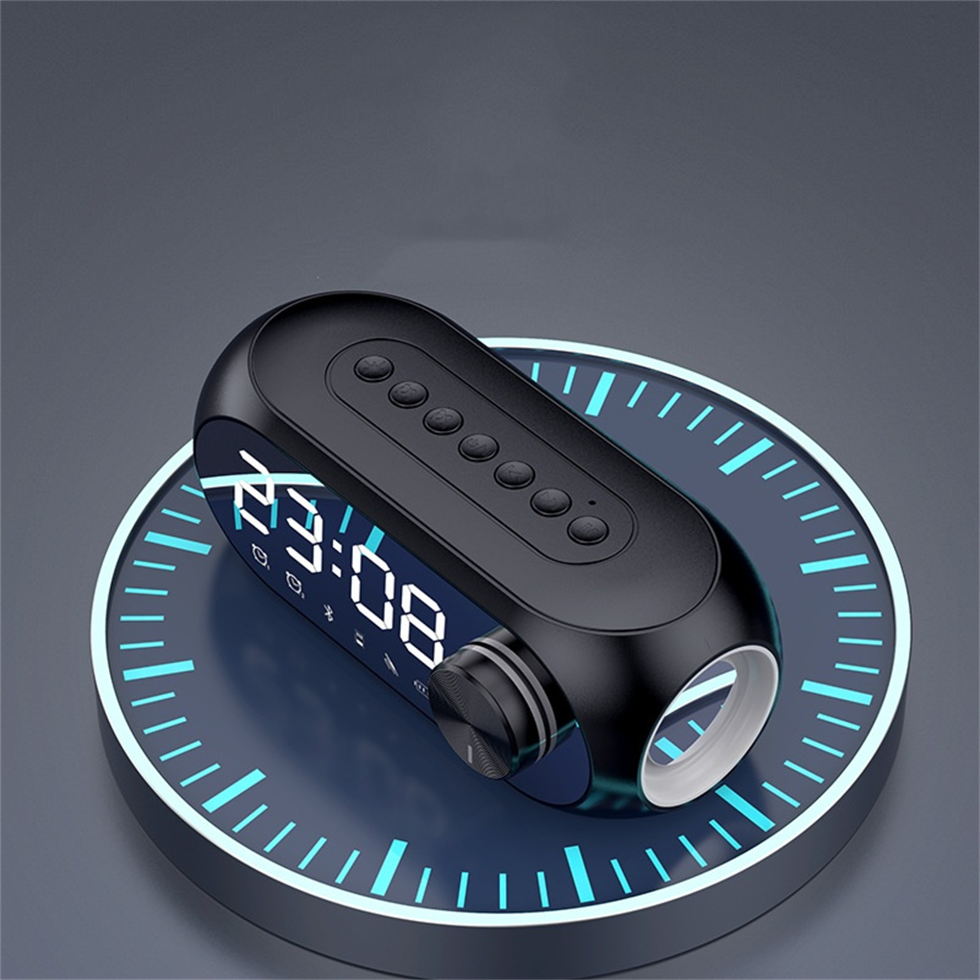 Schwarz-silberne Digitaluhr mit blauem, kreisförmigen Sockel, zeigt die Zeit an.