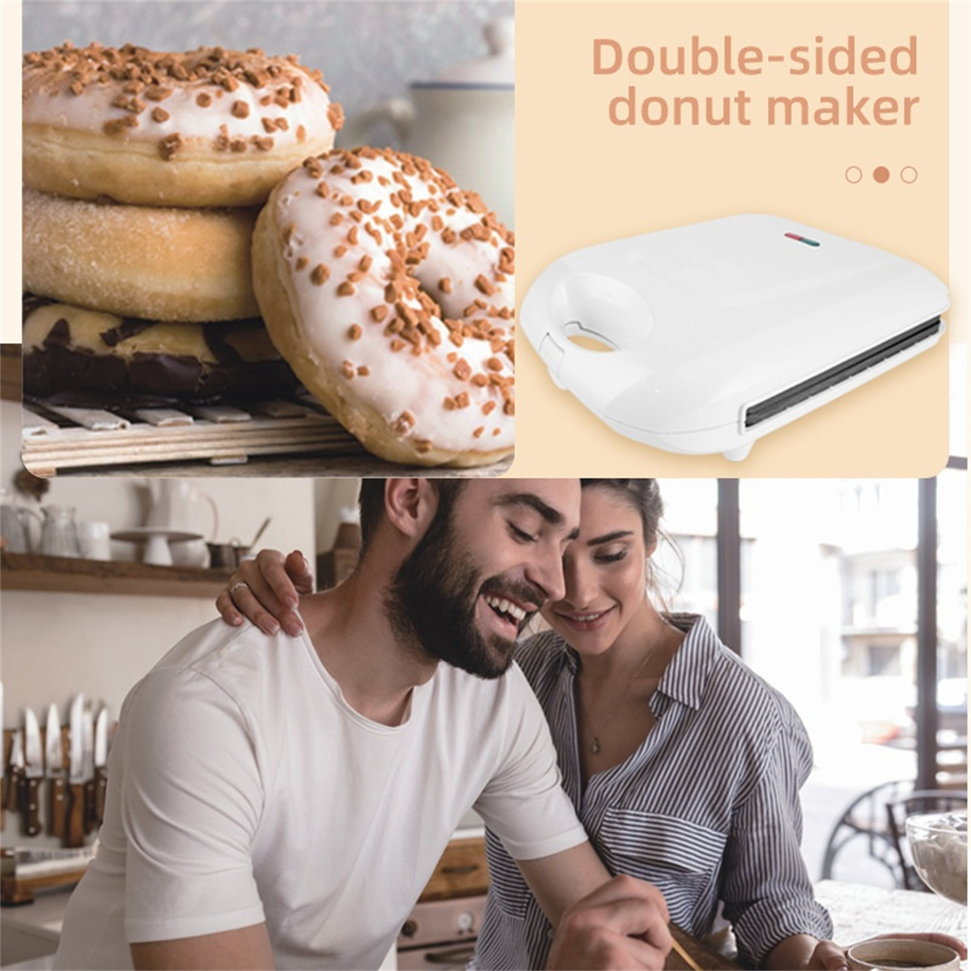 Ein Donut-Maker und ein Paar in der Küche. Donuts sind links, der Maker rechts.