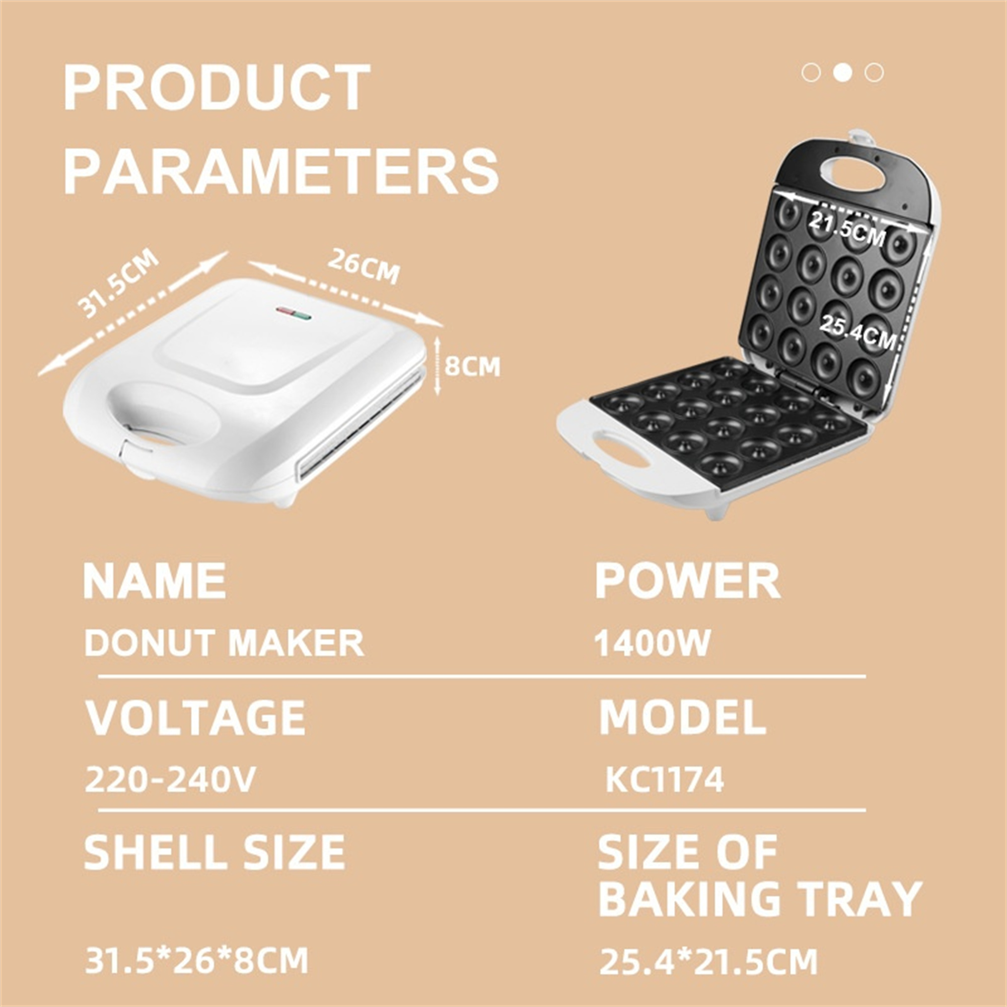 Donut Maker Produktdetails: Abmessungen, Spannung und Leistung. Offener Donut Maker mit Donuts darin.