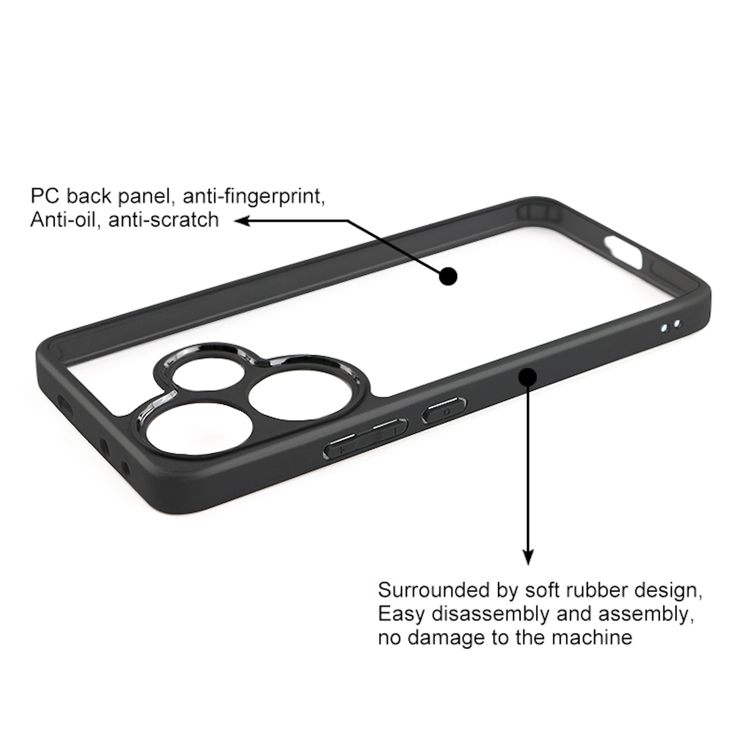 Schwarze Handyhülle mit transparentem Rückteil. Text kennzeichnet Funktionen wie Anti-Fingerprint und einfache Montage.